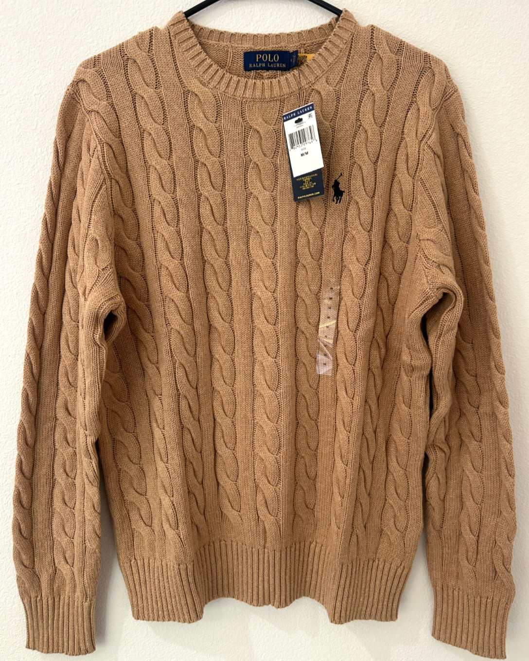 Polo Ralph Lauren Men’s Cable Knit Cotton Crewneck Sweater Brown Navy Pony M NWT