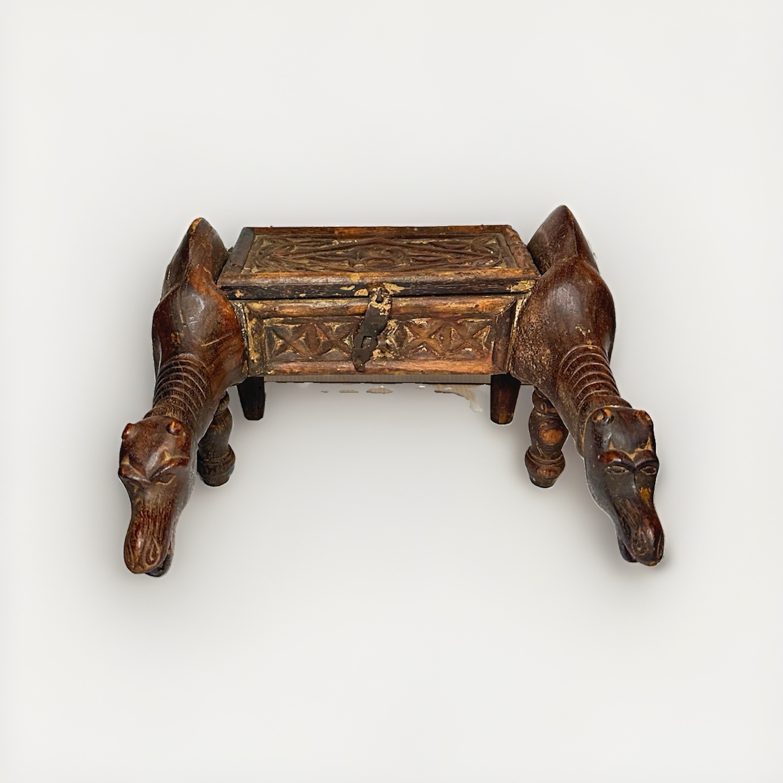 Vintage Hand Carved Wooden Animal Head Folk Art Spice Trinket Box