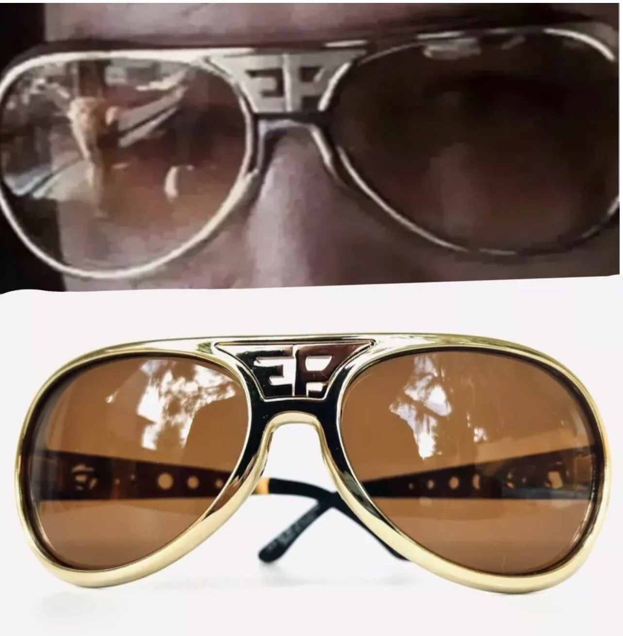 Elvis 70\'s Style ETA Sunglasses with EP & TCB logos. Gold W/ Amber Lens. EPE NWT