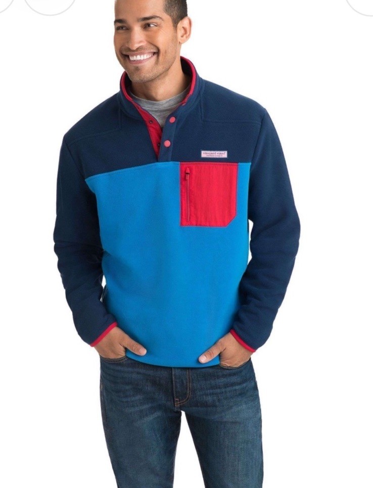 New Size XL Men’s Vineyard Vines Custom Party Snap Placket Fleece Blue & Red