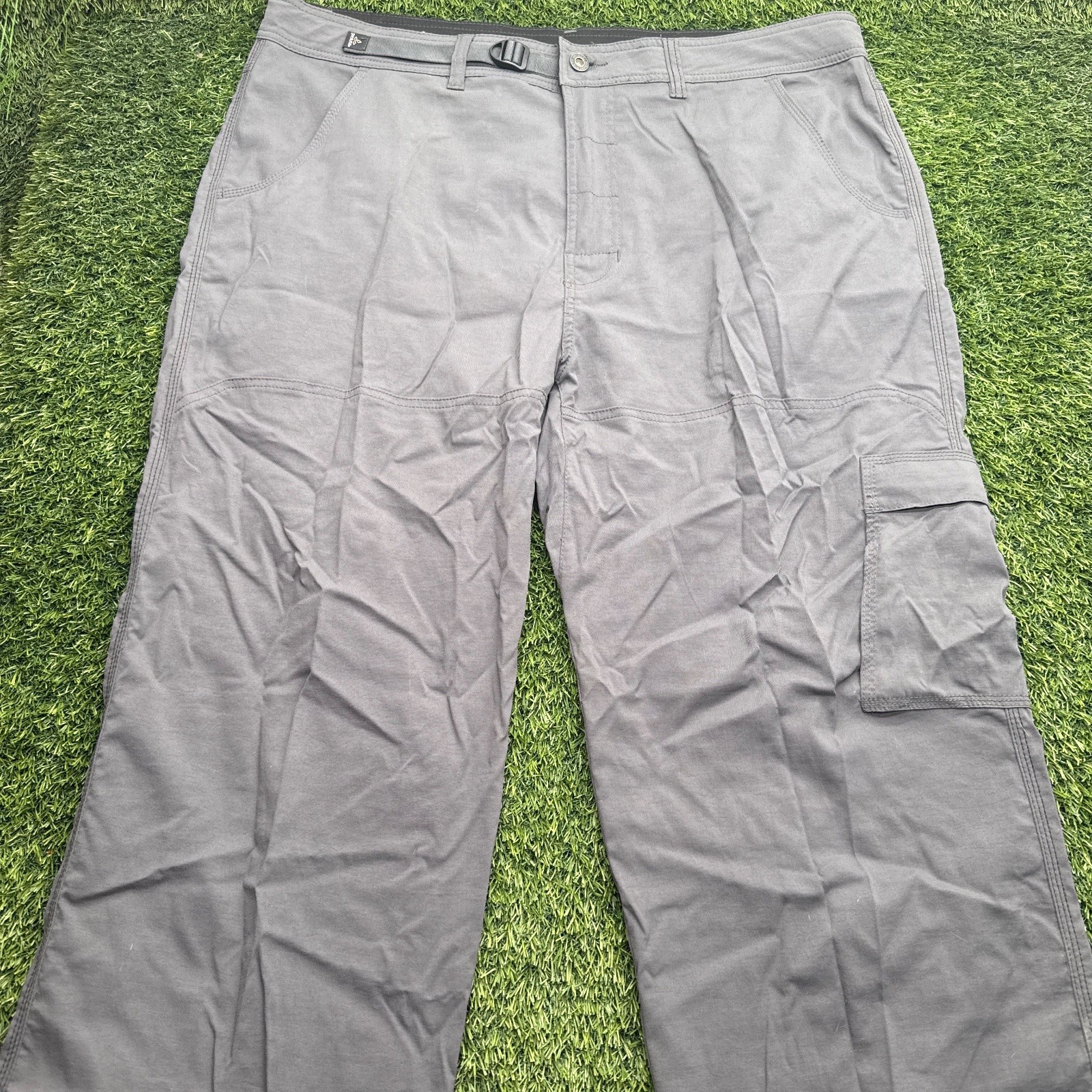 prAna Stretch Zion Cargo Hiking Pants Gray Mens XXLx32 Snap Cuff Belted