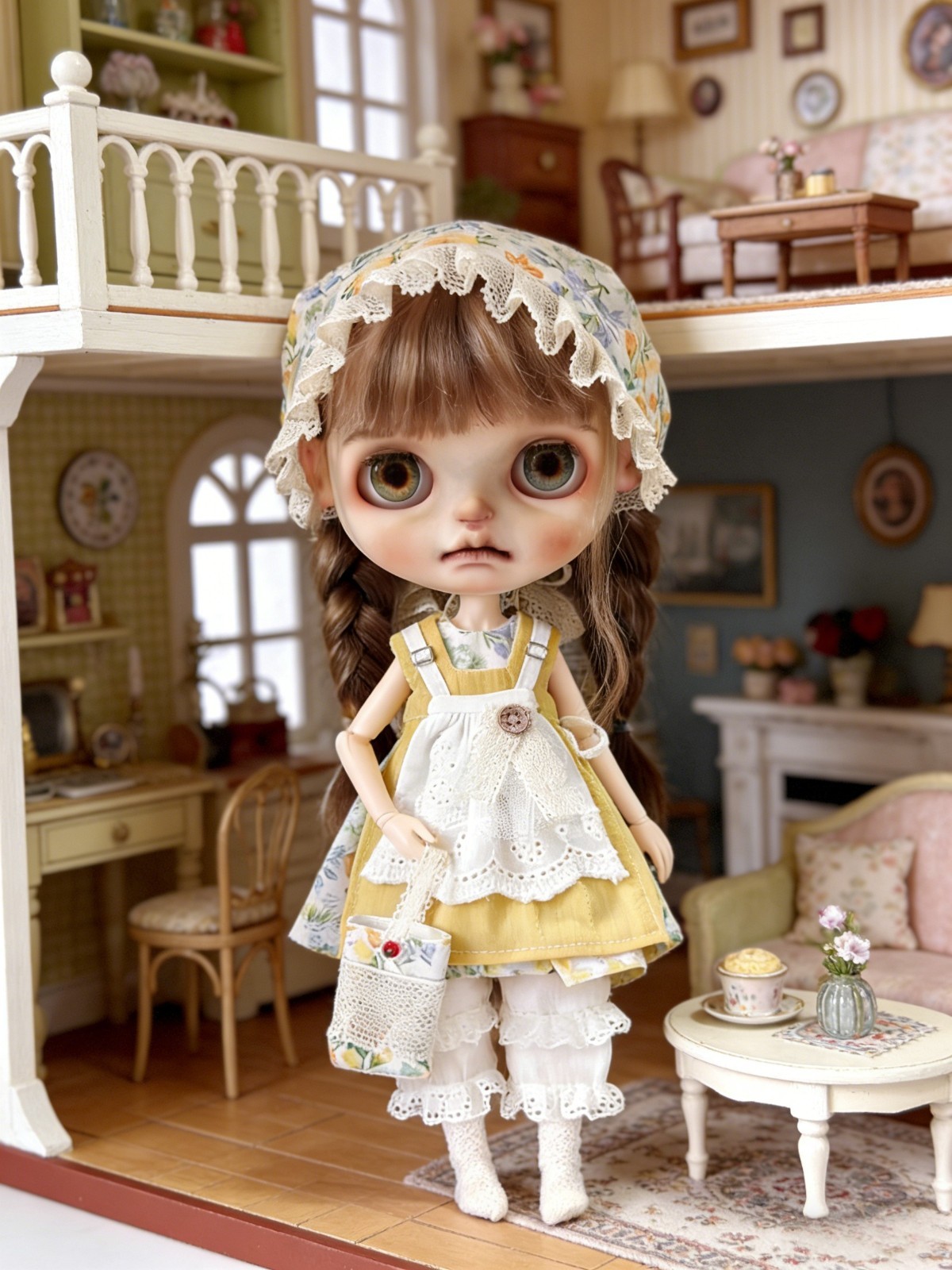 Blythe Country Handmade Doll Outfit Floral Headscarf + Pinafore Dress for Azone Blythe Country Handmade Doll Outfit Floral Headscarf + Pinafore Dress for Azone