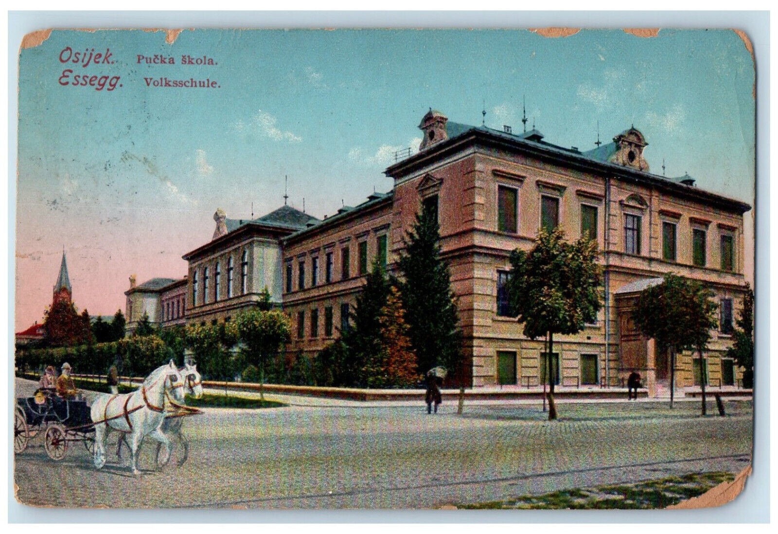 Osijek Croatia Postcard Public Elementary School 1913 Horse Carriage Posted Osijek Croatia Postcard Public Elementary School 1913 Horse Carriage Posted