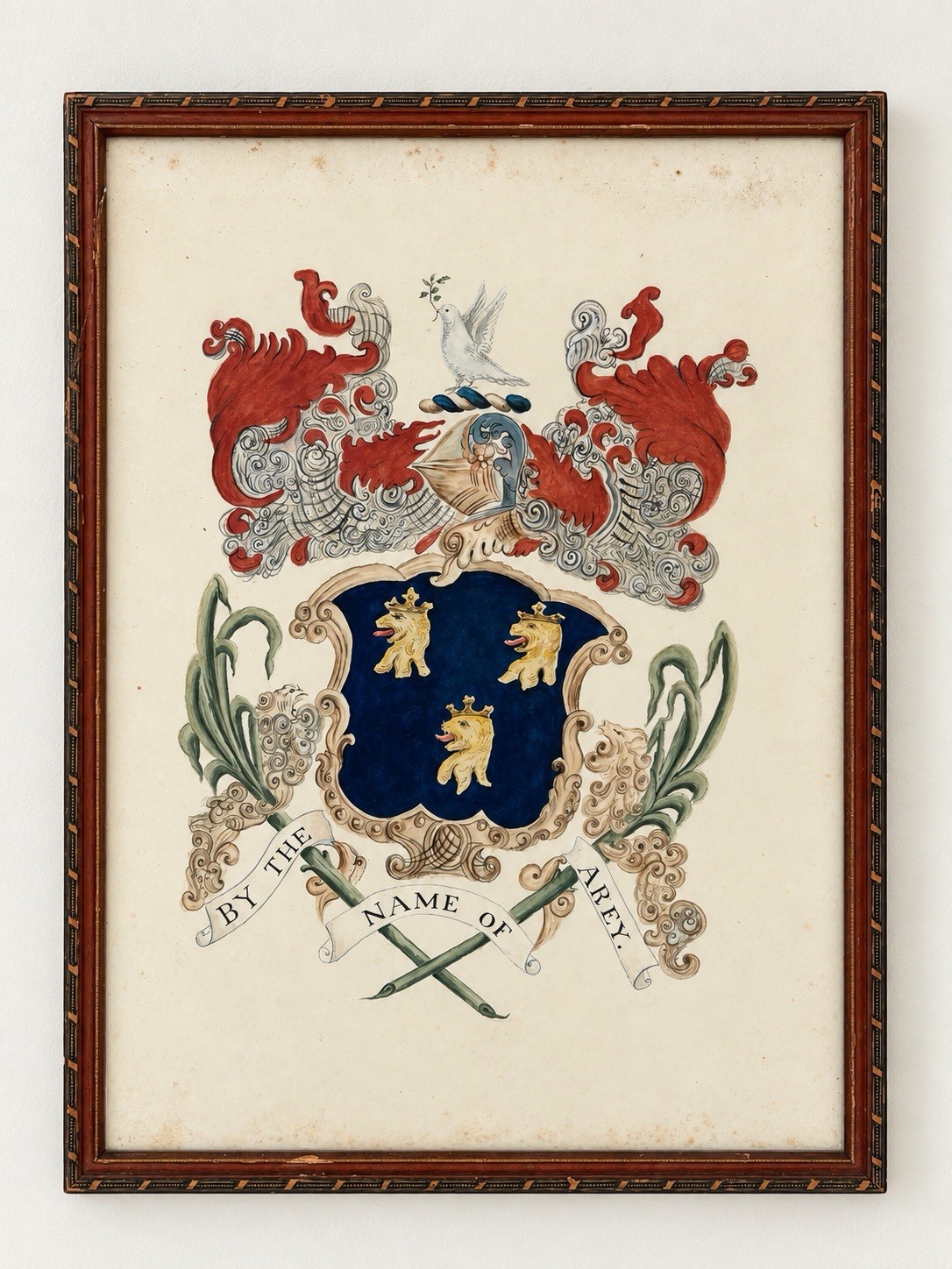 Antique 19th Century Arey Family Coat of Arms Heraldic Crest Watercolor Painting