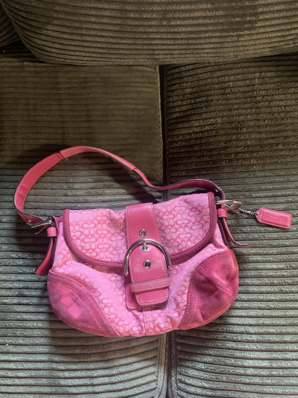 Coach Pink Signature Logo Shoulder Bag Zip Closure Detachable Strap Pockets