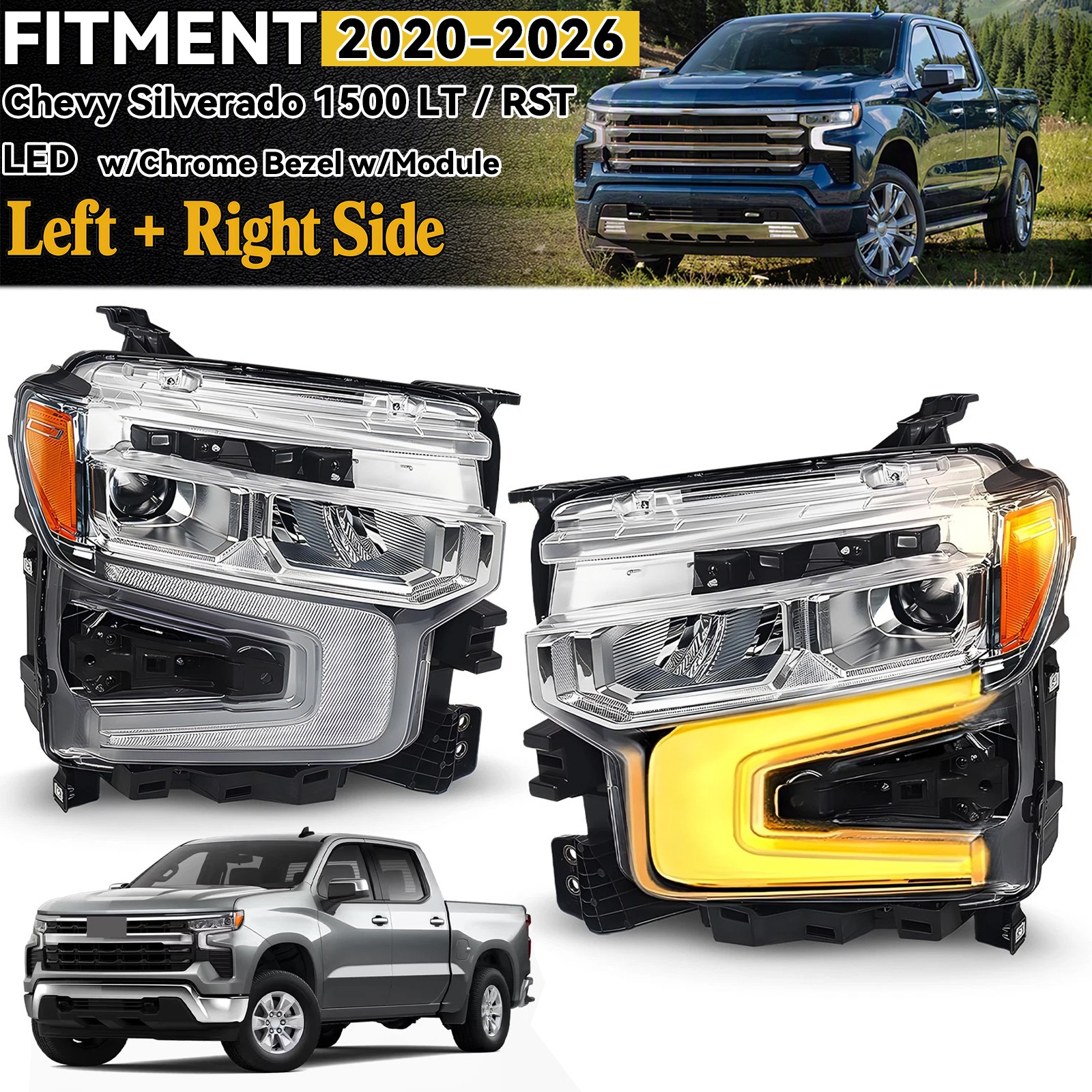 For 2022-2026 Chevy Silverado 1500 LT RST Full LED Headlight Left Right Pair