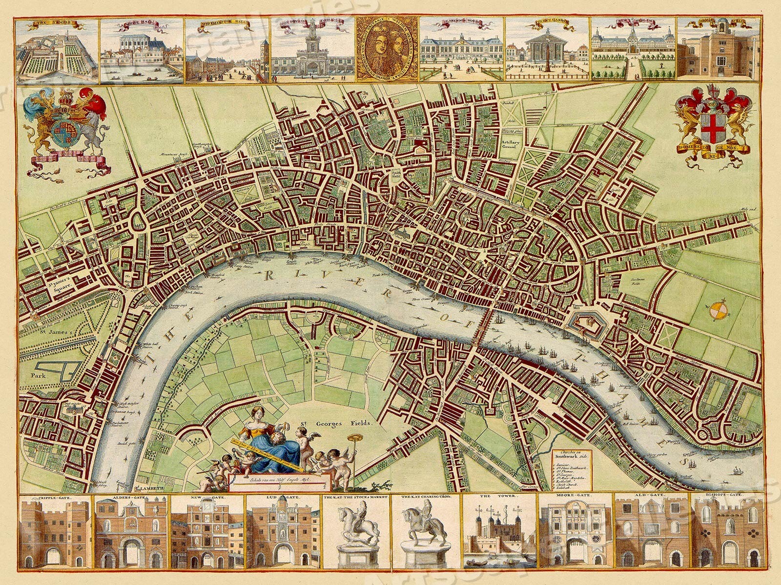 London 1680's Interesting Historic Old City Map - 24x32