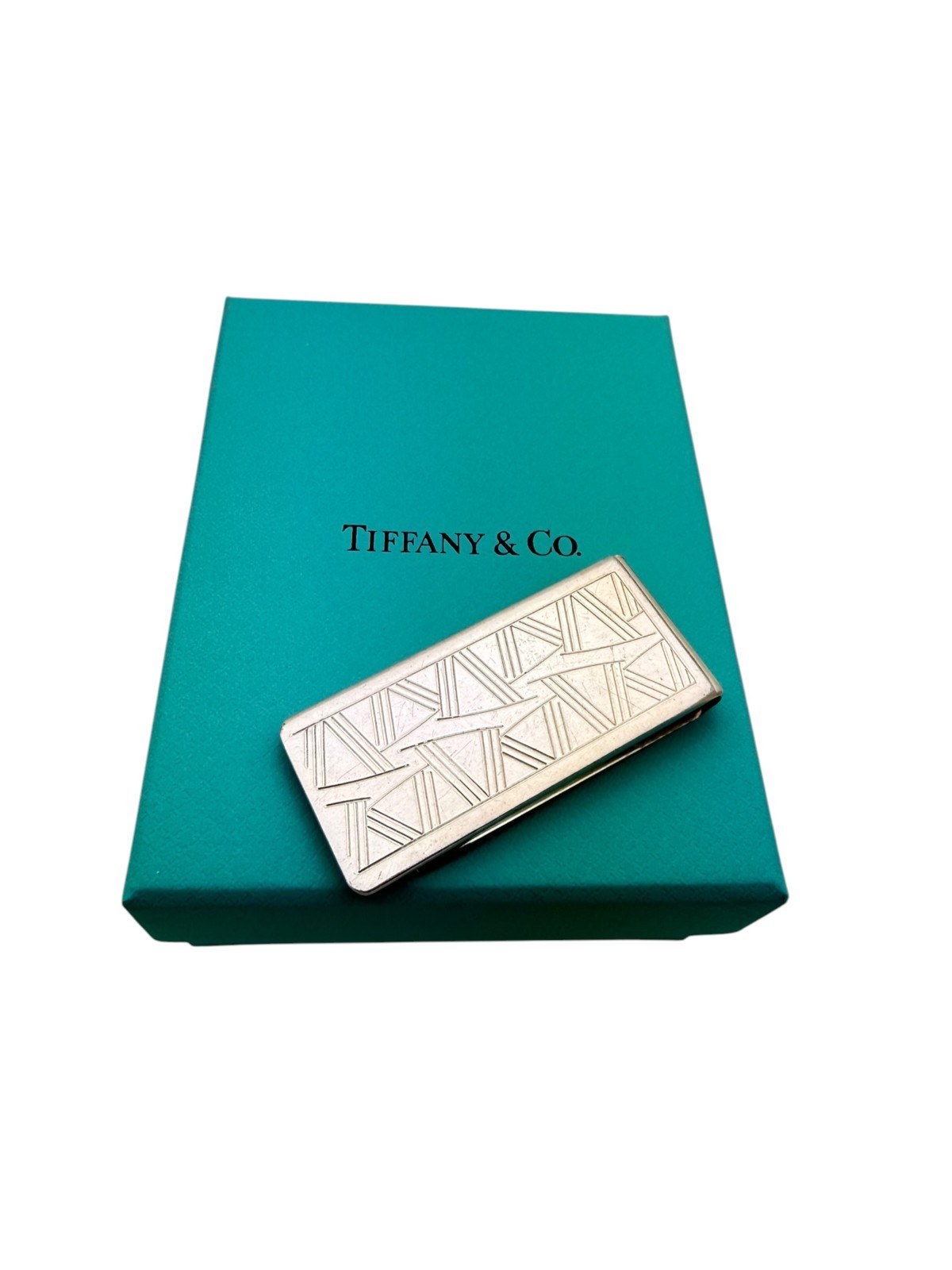 Vintage 1994 Tiffany & Co. Sterling Silver Geometric Engraved Money Clip - Box