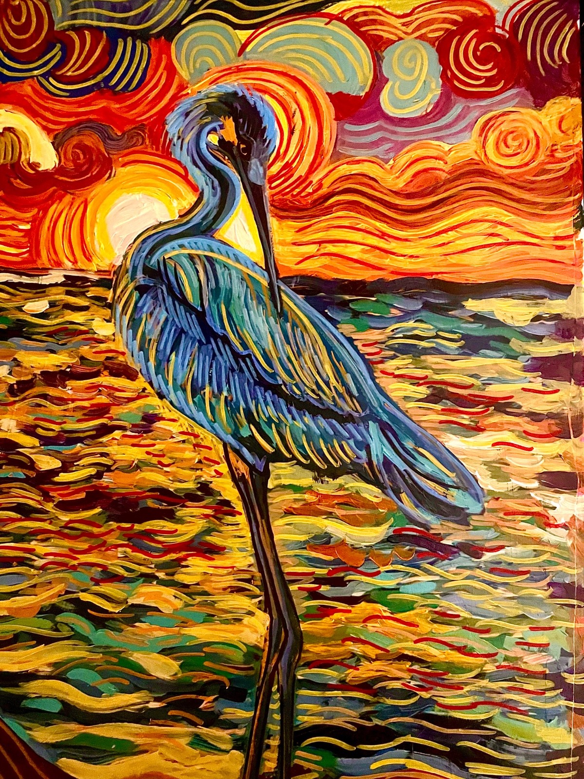 Shelby Makes Stuff Original 24x18 Impressionist Blue Heron Sunset Painting
