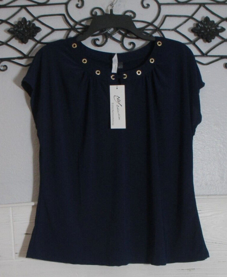 NY Collection Women\'s Top Size PM Short Sleeve Nacy Blue Round Neck NY Collection Women\'s Top Size PM Short Sleeve Nacy Blue Round Neck