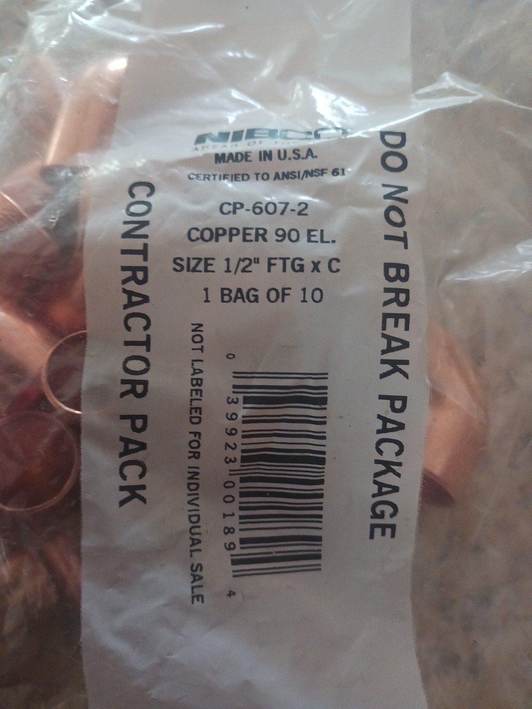 ( BAG OF 10) NIBCO CP-607-2 COPPER 90 ST. ELBOW SIZE 1/2