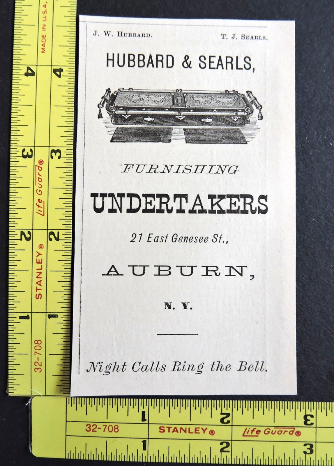 RARE Antique 1878 Ad – Hubbard & Searls Undertaker Funeral Coffin Auburn NY Vtg 