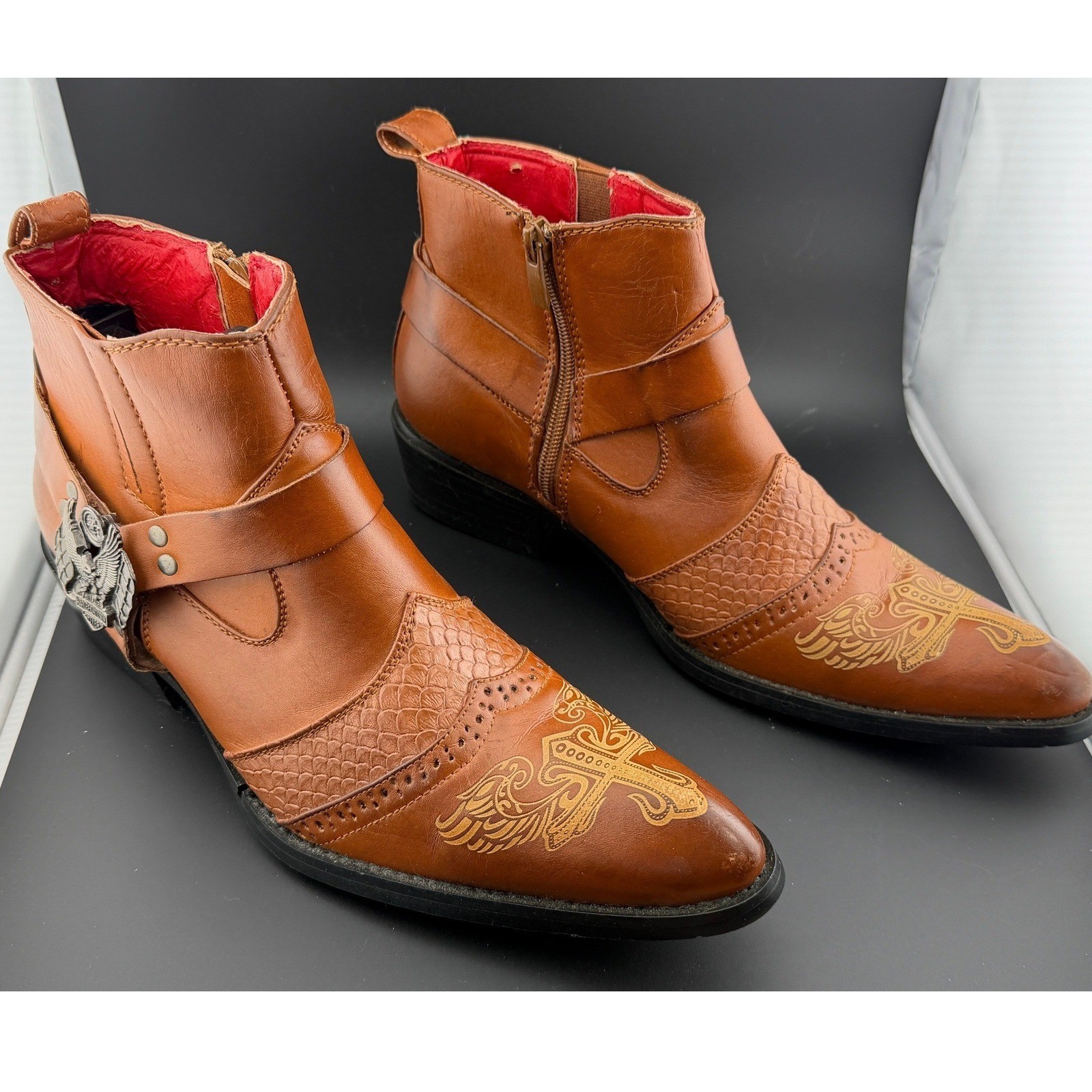Alfa Western-Tan Leather Ankle Boots, Harley Davidson Eagle Medallion, Mens 6.5 Alfa Western-Tan Leather Ankle Boots, Harley Davidson Eagle Medallion, Mens 6.5