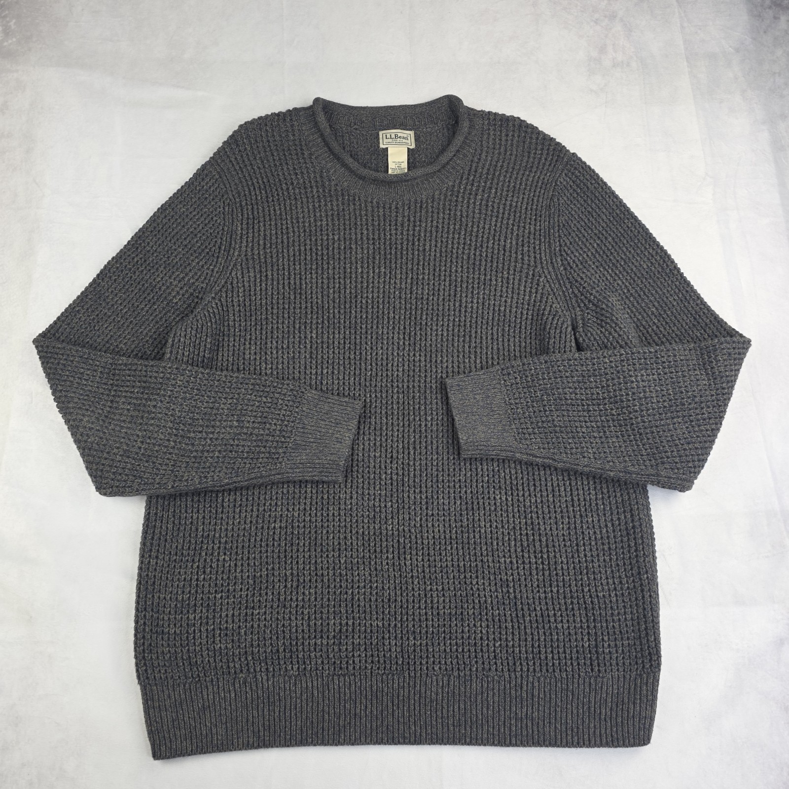LL Bean Sweater Mens Large Dark Grey Organic Cotton Waffle Knit Rolled Crew Neck LL Bean Sweater Mens Large Dark Grey Organic Cotton Waffle Knit Rolled Crew Neck