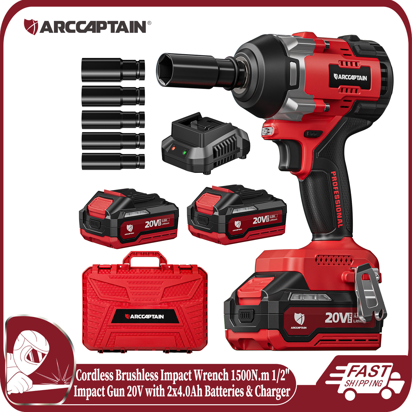 ARCCAPTAIN 20V Cordless Impact Wrench Kit 1500N.m 1/2