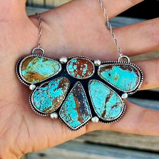 Turquoise Statement Fan Pendant Necklace Silver this Rare Nevada #8 Turquoise. Turquoise Statement Fan Pendant Necklace Silver this Rare Nevada #8 Turquoise.