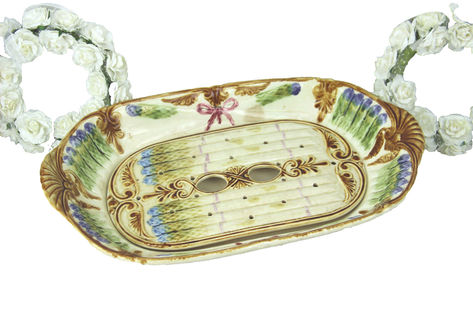 Antique French Mouzin Nimy majolica barbotine asparagus serving tray marked Antique French Mouzin Nimy majolica barbotine asparagus serving tray marked