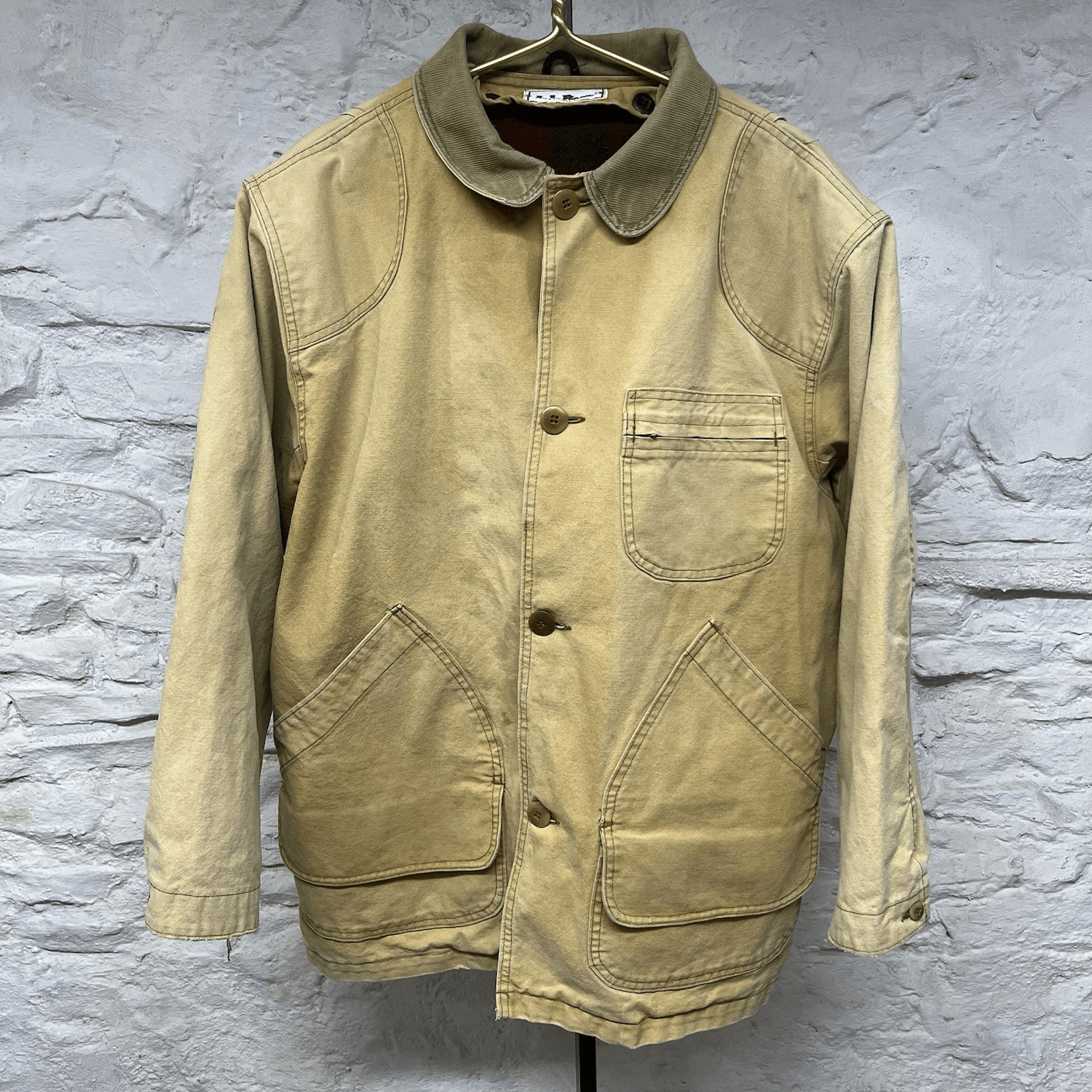 LL Bean Made in USA Mens Canvas Jacket Corduroy Collar Removable Wool Liner Vtg