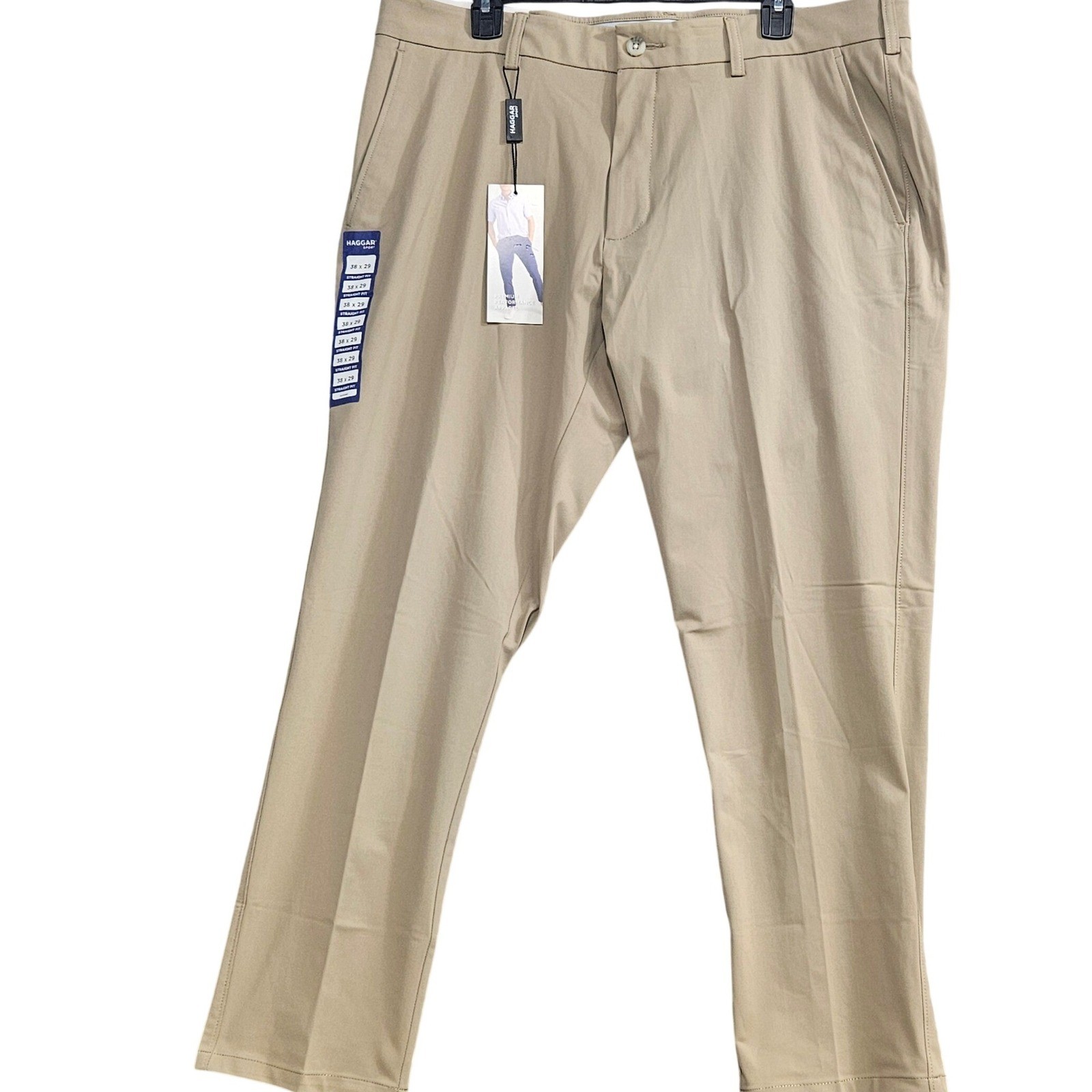 Haggar Sport Mens Travel Performance Pants 38x29 Straight Fit Khaki Tan NEW