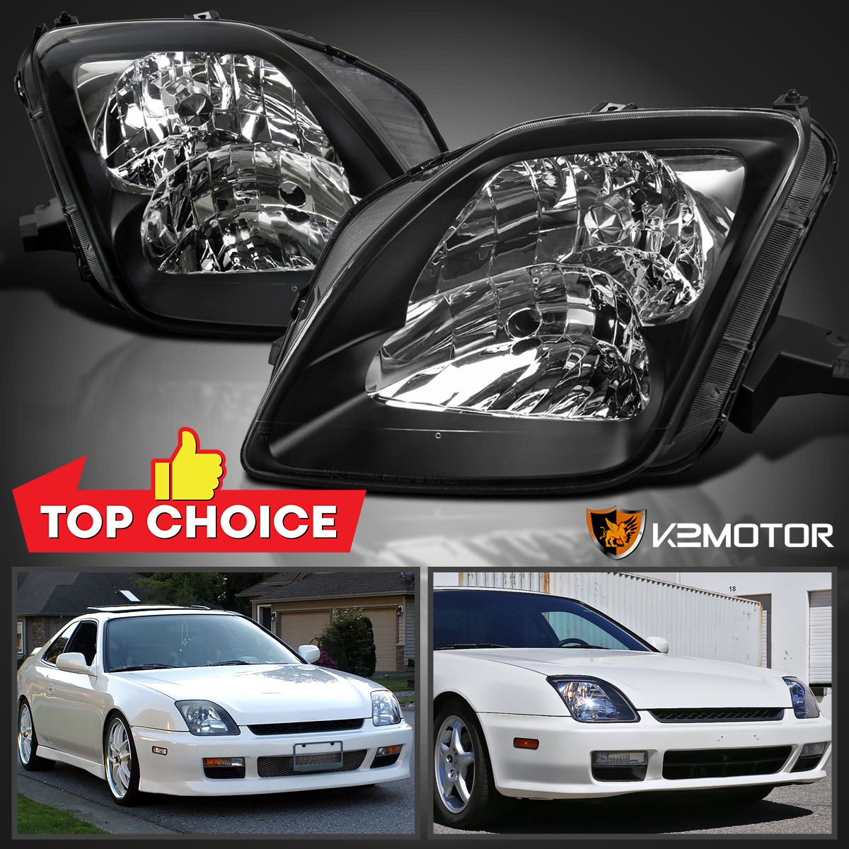 Fits 1997-2001 Honda Prelude Coupe Black Headlights Headlamps Left+Right Pair