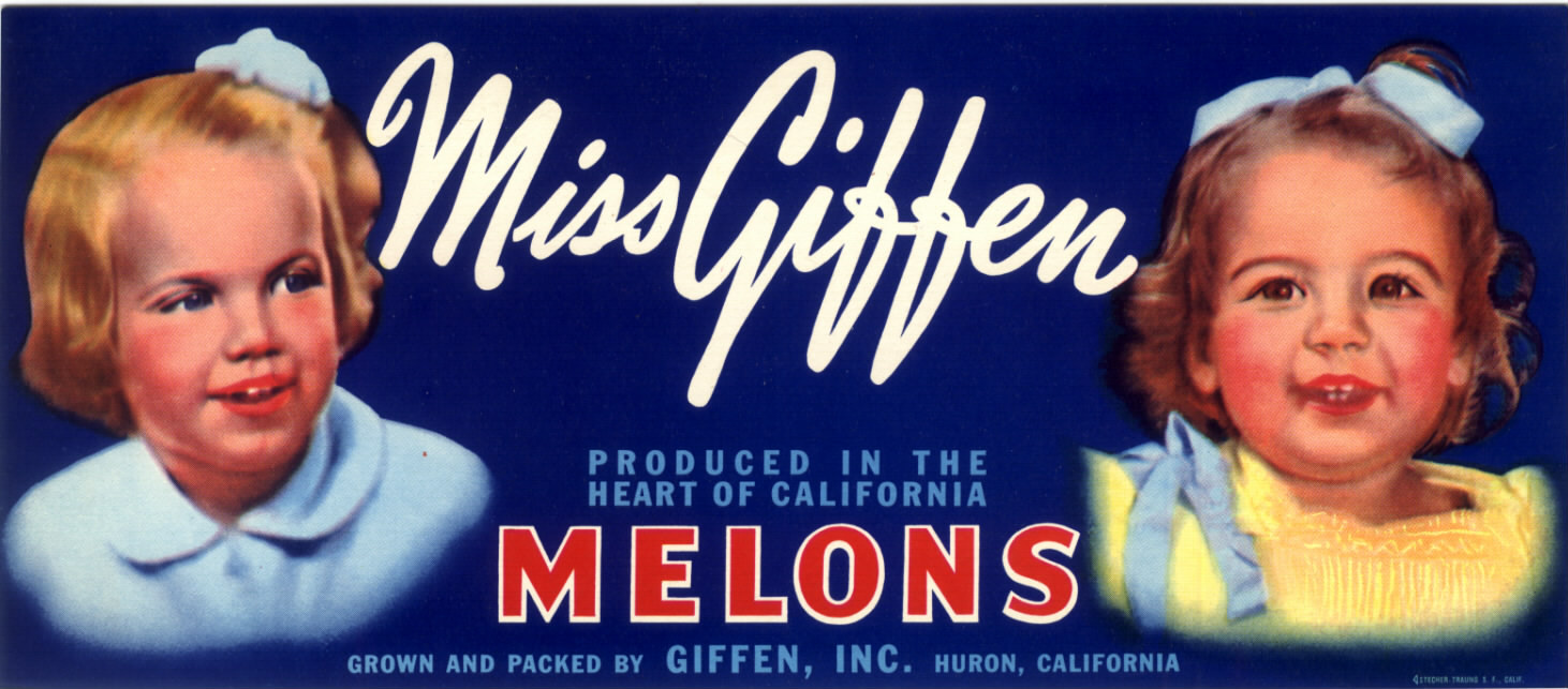 ORIGINAL MISS GIFFIN CRATE LABEL VINTAGE MELON HURON CALIFORNIA 1940S TWO GIRLS ORIGINAL MISS GIFFIN CRATE LABEL VINTAGE MELON HURON CALIFORNIA 1940S TWO GIRLS
