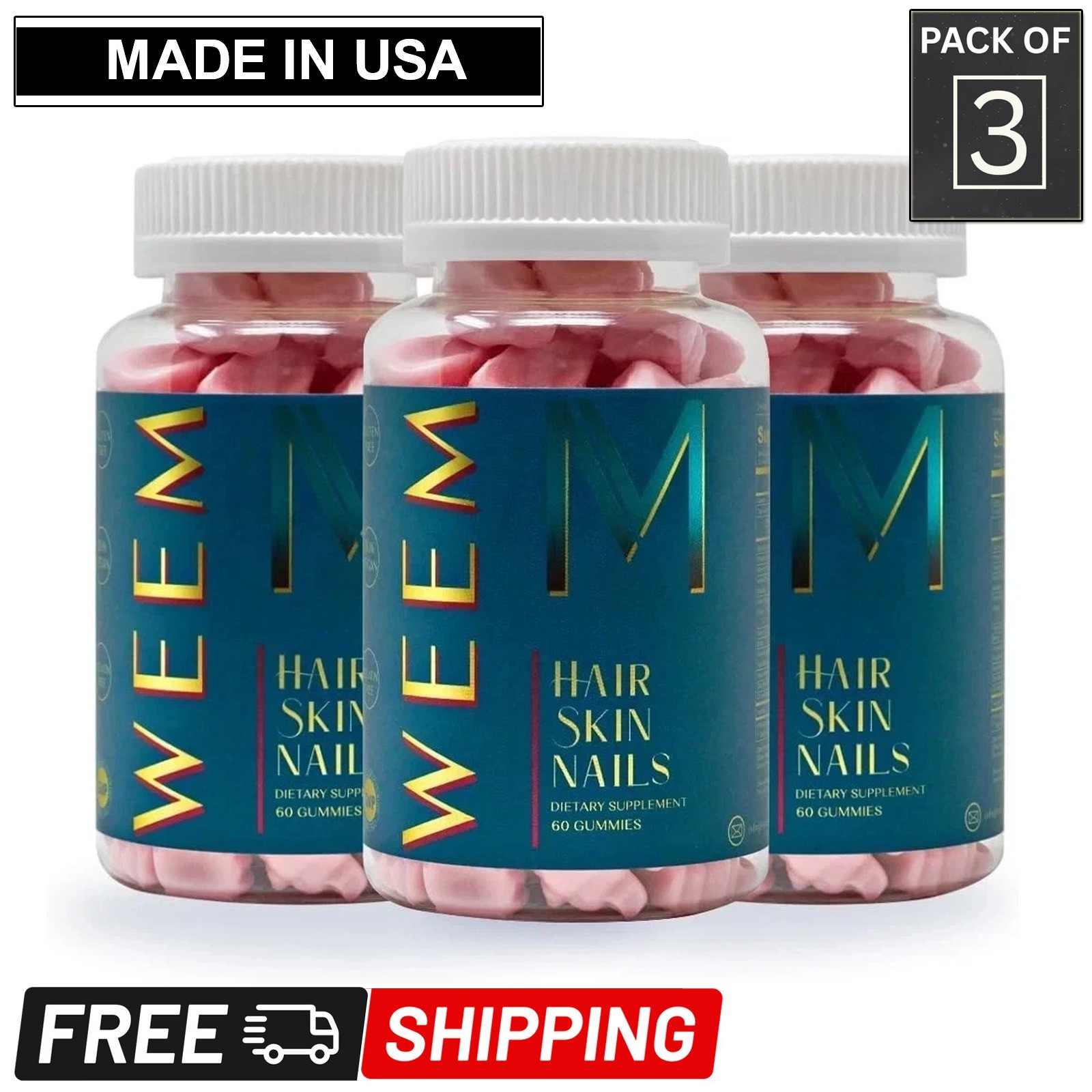 Pack of 3 WEEM Hair Skin and Nails Gummies Biotin Vitamins Healthy Hair