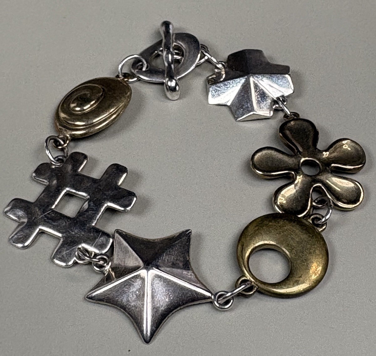 RLM STUDIO 925 Sterling Silver Brass Symbol Link Bracelet Robert Lee Morris Moon