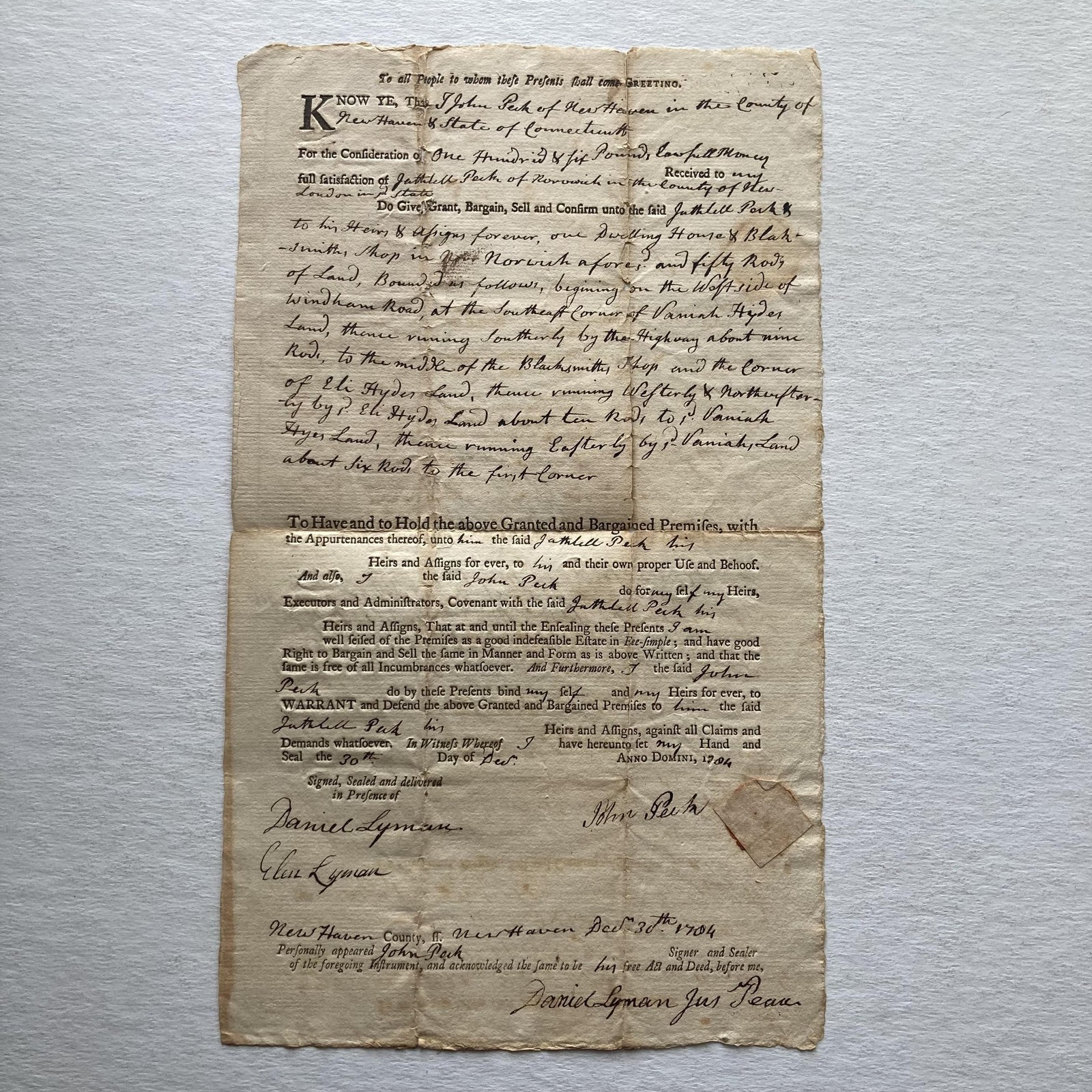 Vintage 1784 John Peck Deed Norwich Connecticut Legal Document USA Ephemera