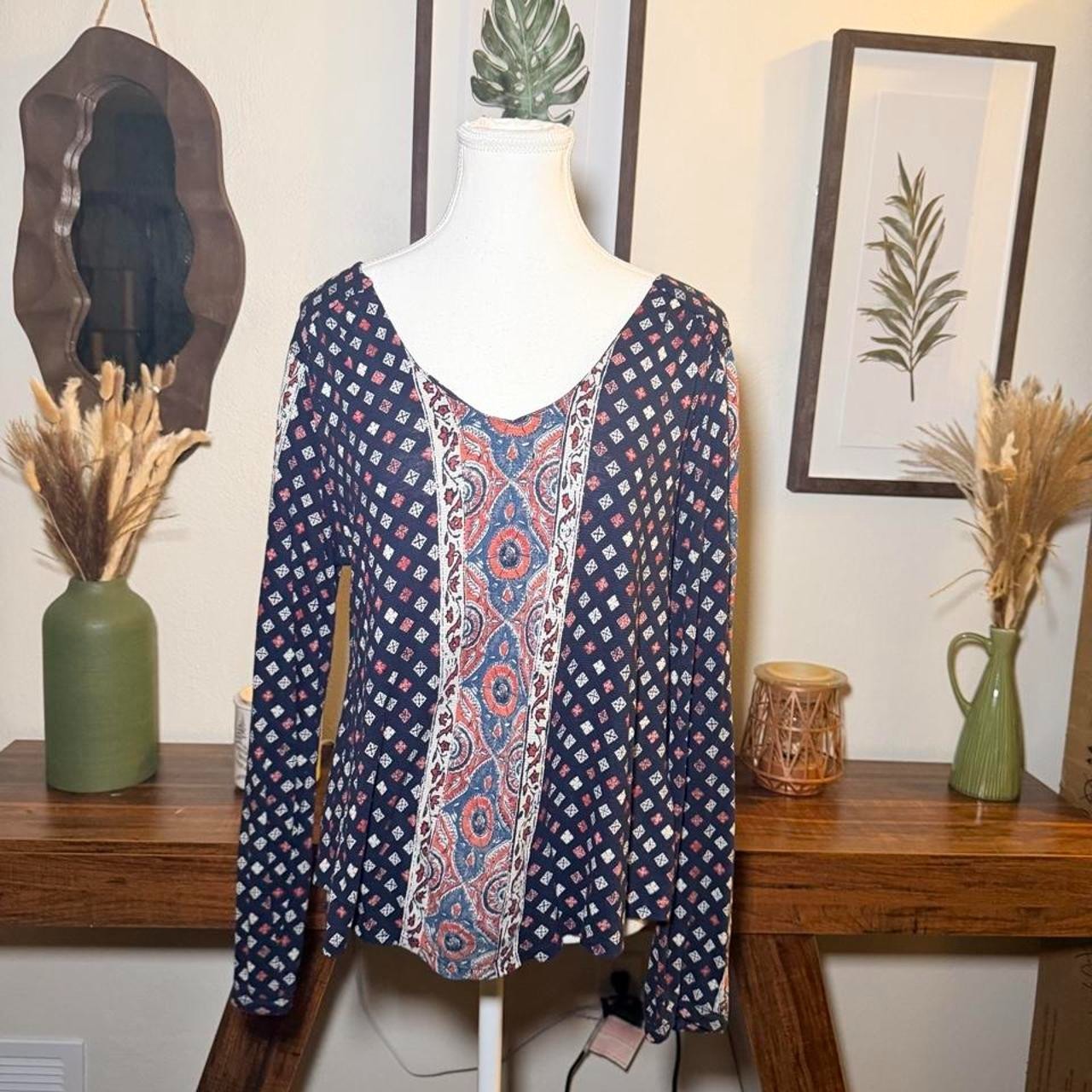 Lucky Brand Boho Paisley Print Long Sleeve Blouse Peasant Top Medium