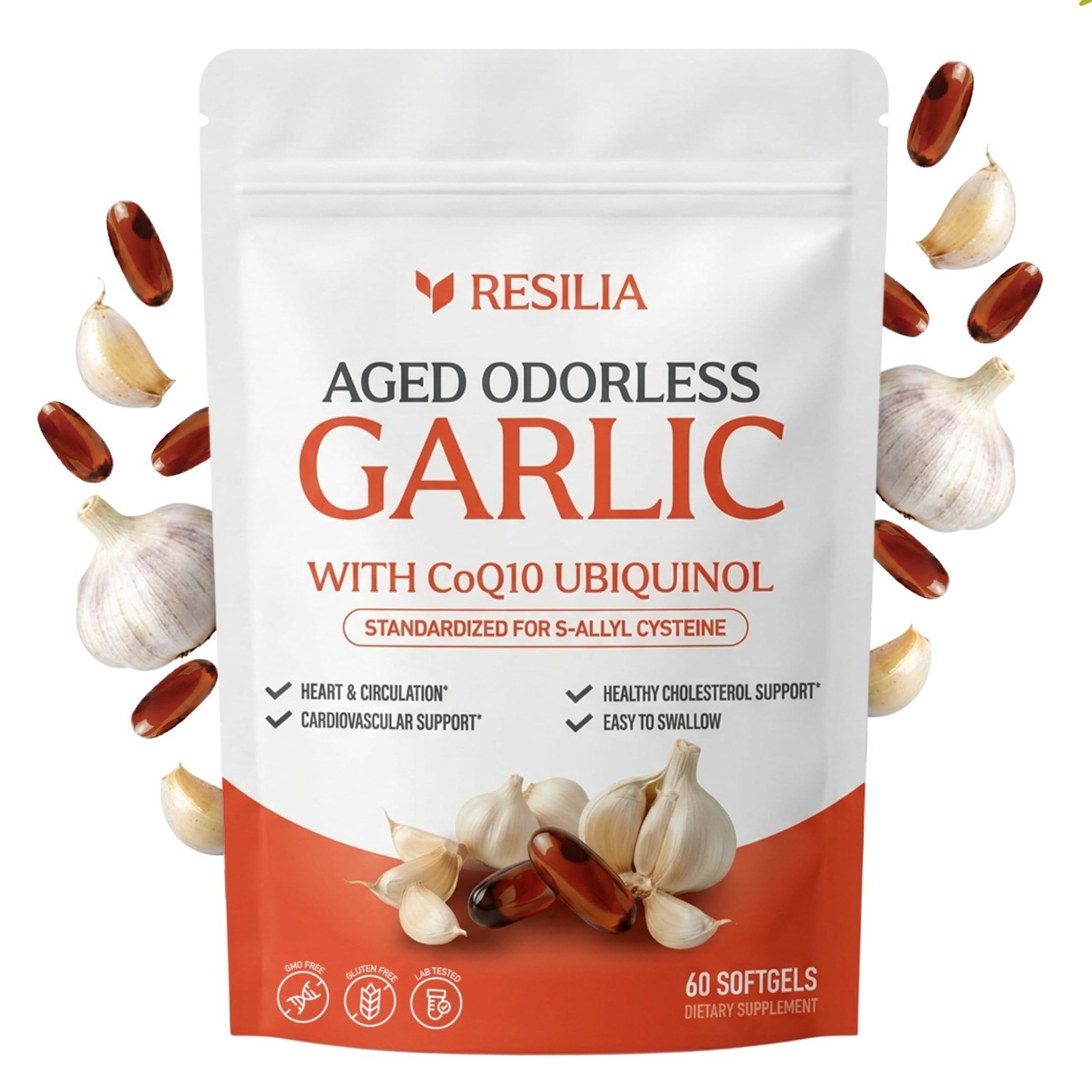 Resilia Garlic Extract 600mg Softgels (60 Count) – Odorless Aged Garlic Extra