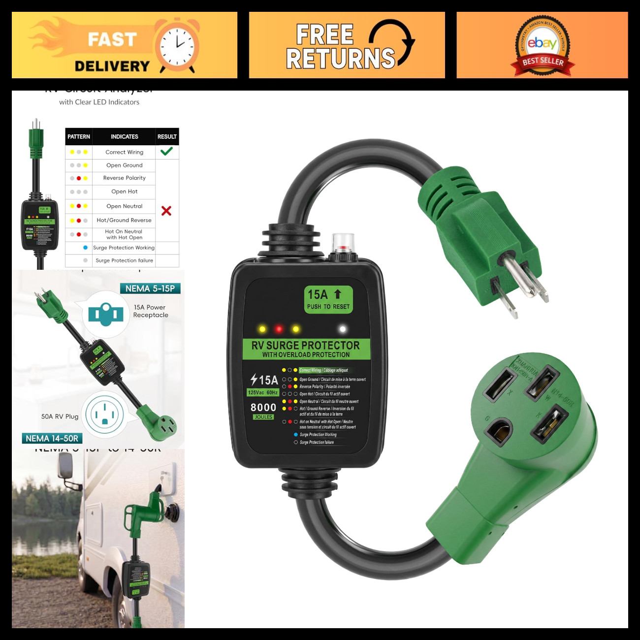 15Amp to 50Amp RV Surge Protector Adapter, NEMA 5-15P to 14-50R, Heavy Duty