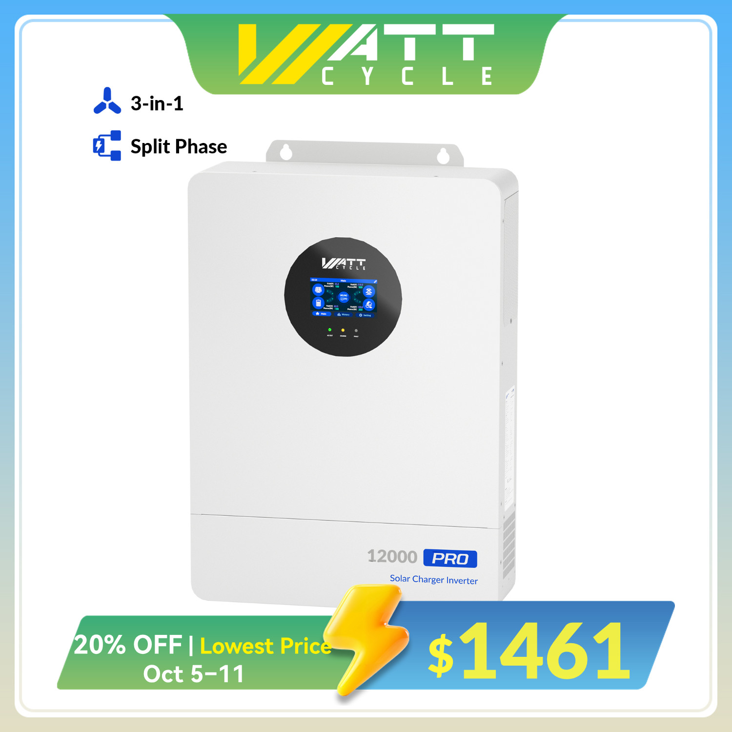 WattCycle 48V 12000W Hybrid Solar Inverter 120/240V Split-Phase Dual MPPT UPS