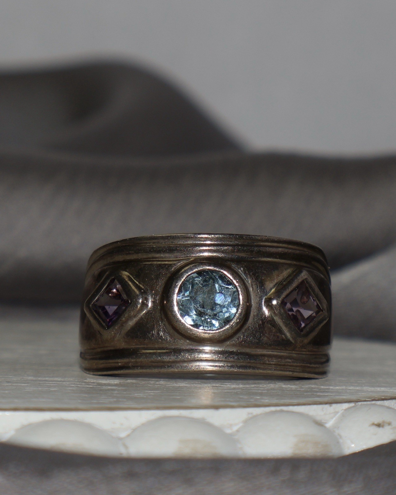 Vintage Sterling Silver Blue Topaz & Amethyst Ring 6.5G / Sz 9 