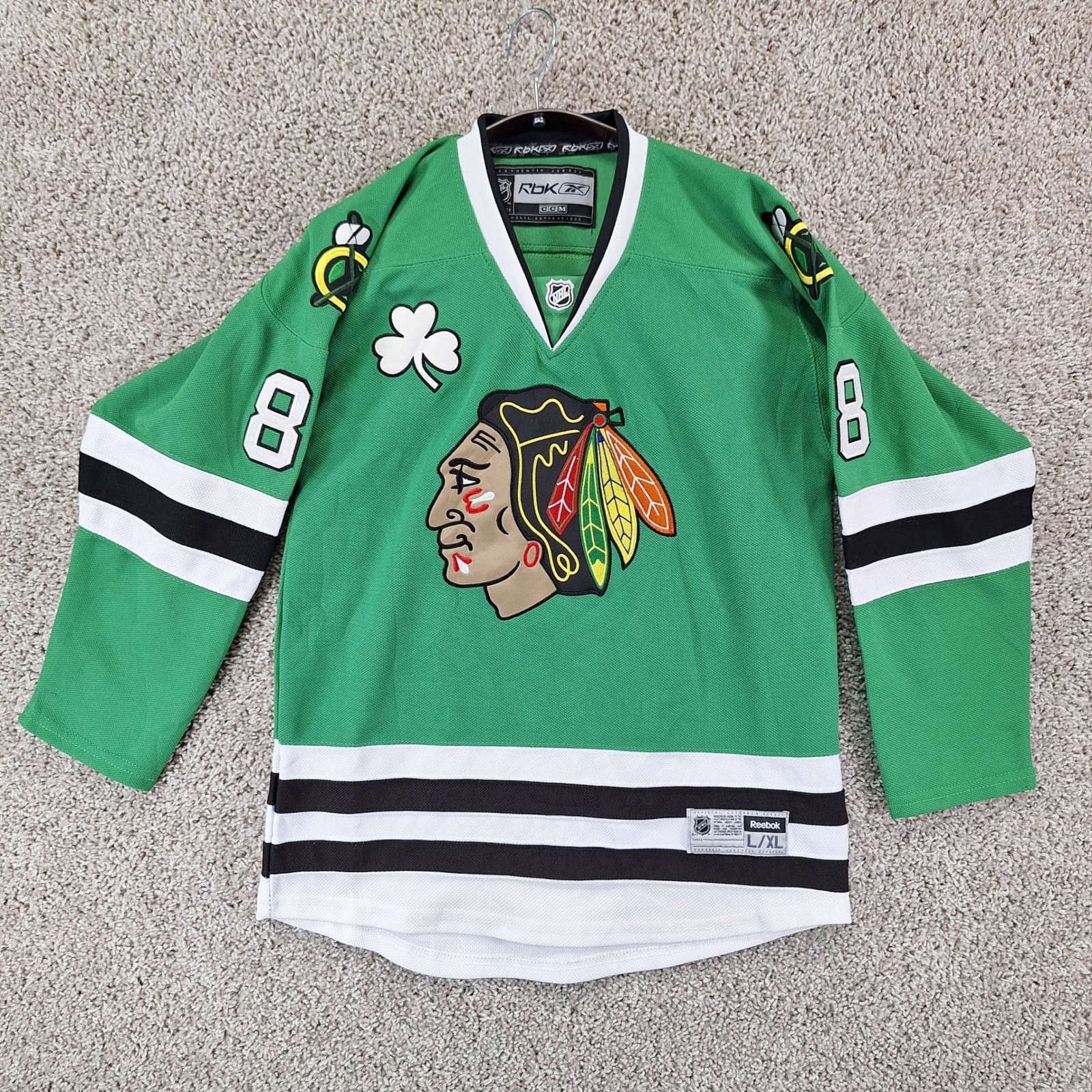 Reebok Hockey Jersey Mens L/XL Green Patrick Kane Chicago Blackhawks St Patricks Reebok Hockey Jersey Mens L/XL Green Patrick Kane Chicago Blackhawks St Patricks