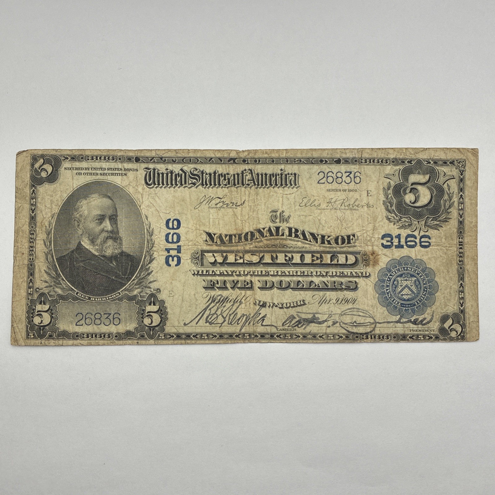 1902 $5 National Bank Note Westfield New York Plain Back 1902 $5 National Bank Note Westfield New York Plain Back