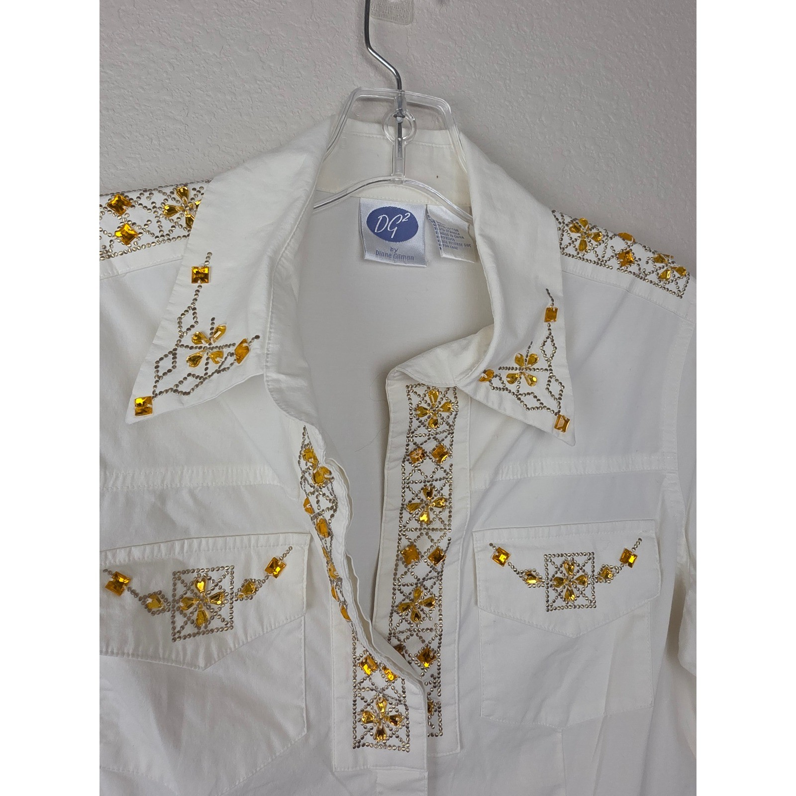 DG2 Diane Gilman Women White Rhinestone Embellished Western Button Down Shirt S