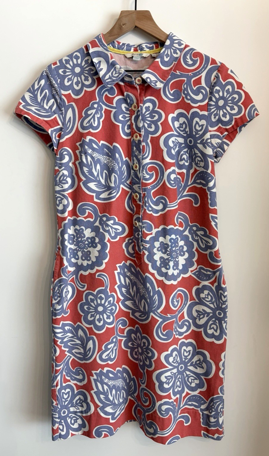 Boden Women\'s Multicolored Retro Floral Cotton Canvas Shirt Dress Pockets Sz 8L Boden Women\'s Multicolored Retro Floral Cotton Canvas Shirt Dress Pockets Sz 8L
