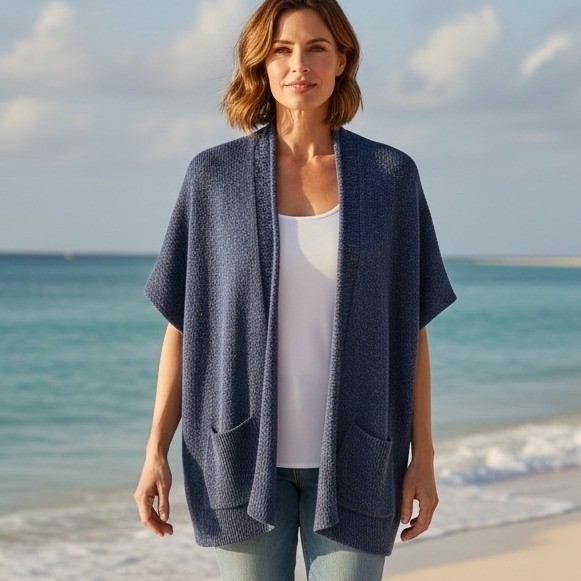 Athleta Blue Marl Open Front Cardigan Shawl Collar Pockets Coastal Grandma S/M