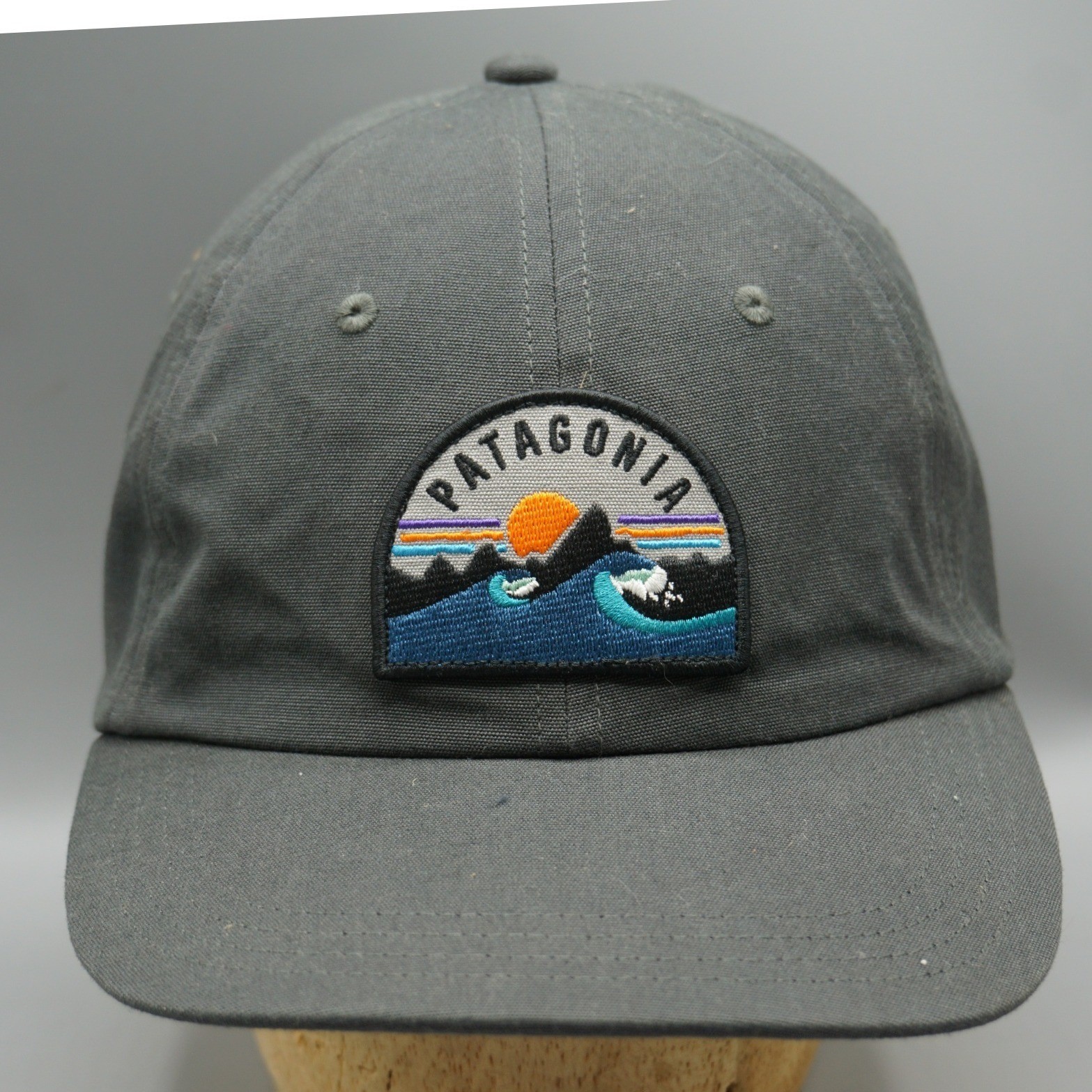 Patagonia P-6 Label Trad Cap Grey Adjustable Hat Sunset Wave Patch Baseball Hat Patagonia P-6 Label Trad Cap Grey Adjustable Hat Sunset Wave Patch Baseball Hat
