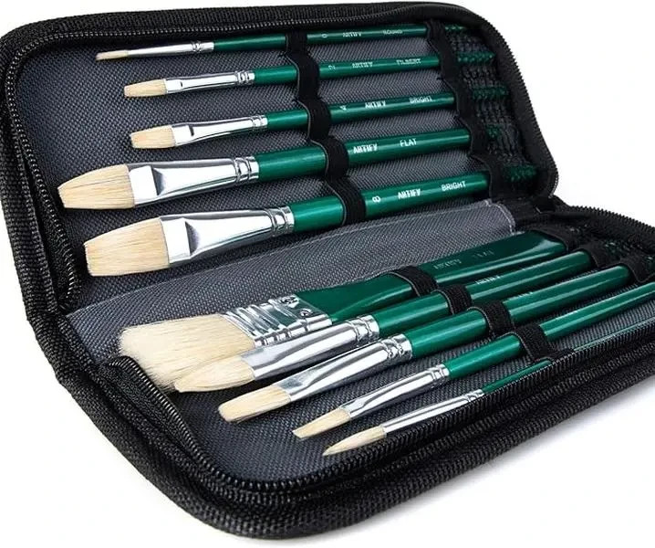 ARTIFY 10-Piece Hog Bristle Brushes with Case for Acrylic & Oil (Green)