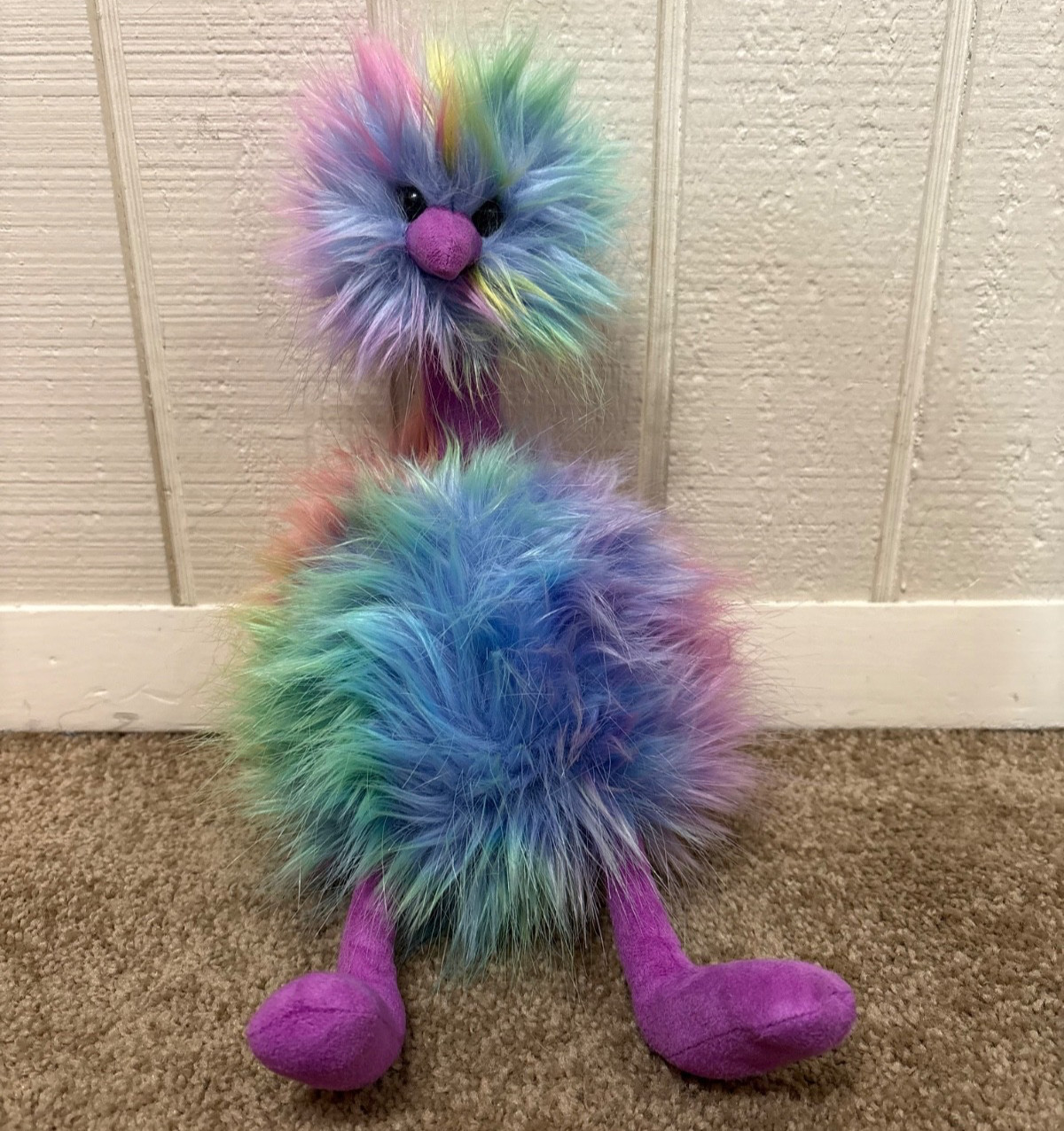 Retired Jellycat London Rainbow Pom Pom Ostrich Plush 14” Fluffy Bird Medium