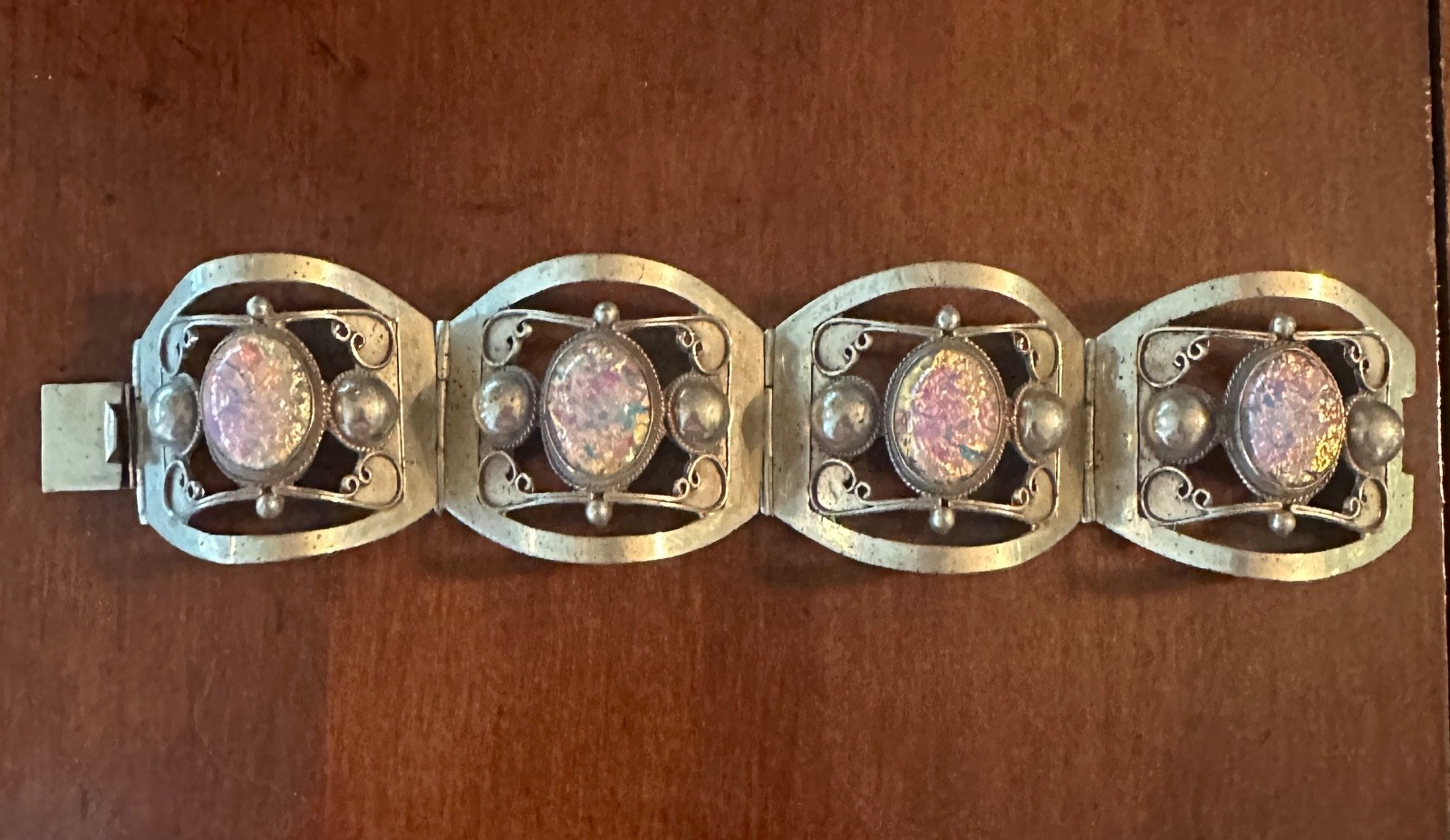 Vintage Mexican Taxco Silver Foil Opal Link Bracelet Vintage Mexican Taxco Silver Foil Opal Link Bracelet