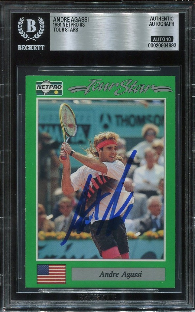 ANDRE AGASSI signed autographed 1991 NETPRO ROOKIE CARD RC BECKETT 10 (BAS) ANDRE AGASSI signed autographed 1991 NETPRO ROOKIE CARD RC BECKETT 10 (BAS)