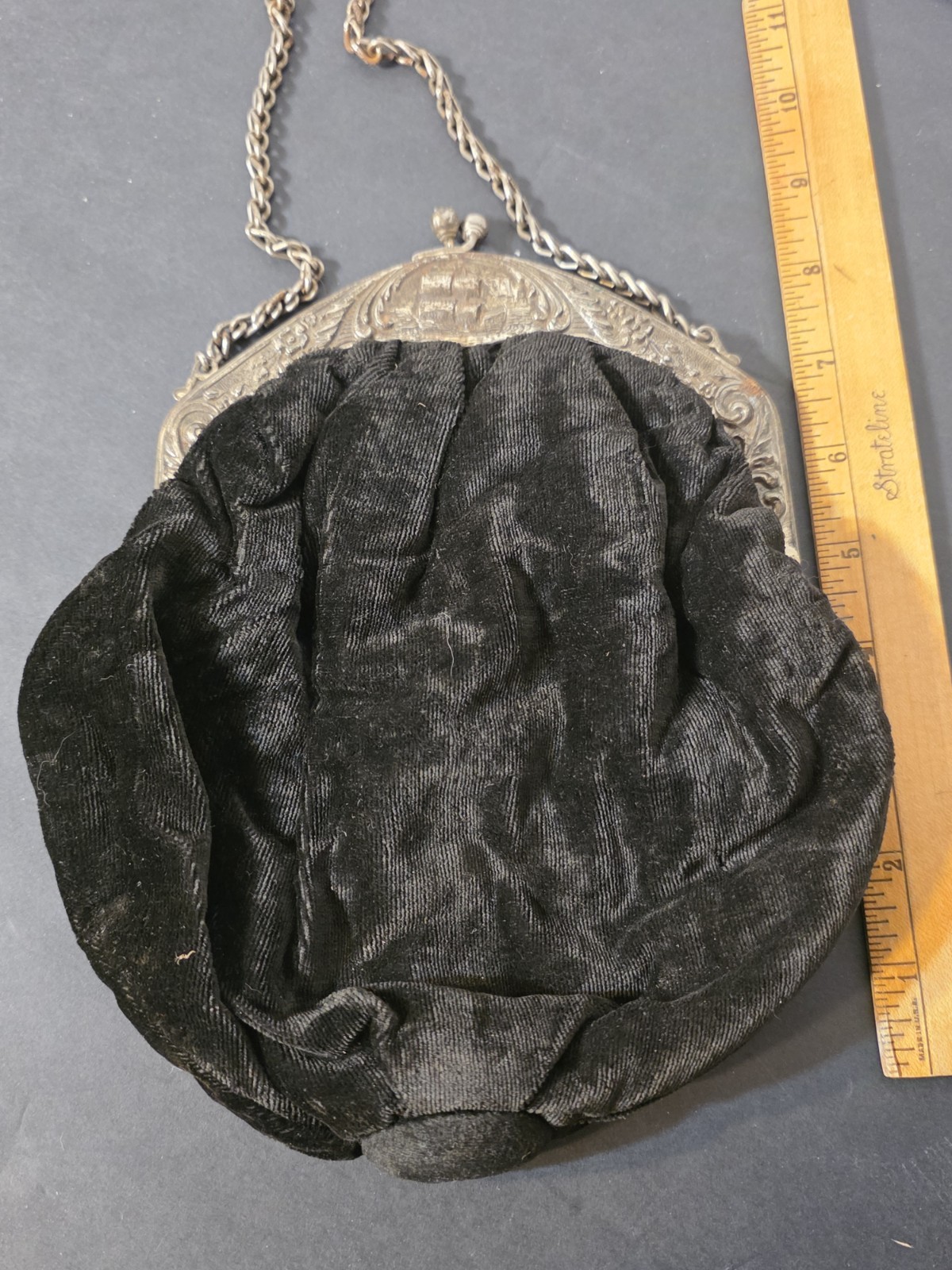 Antique Victorian  Black Velvet Evening Handbag Ornate Ship Frame Read