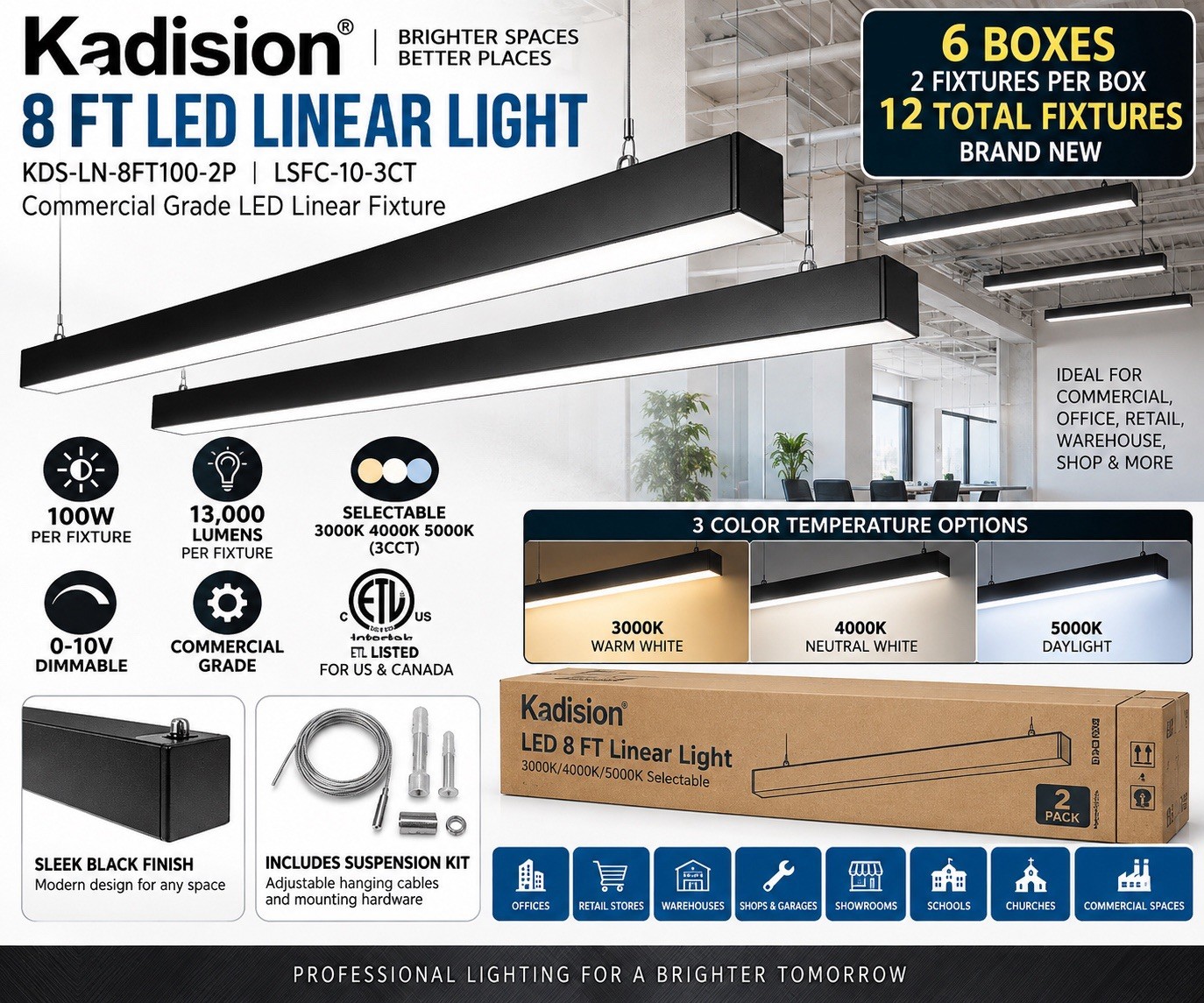 Kadision 8FT LED Linear Light 2-Pack 100W 13000LM 3CCT Black Commercial