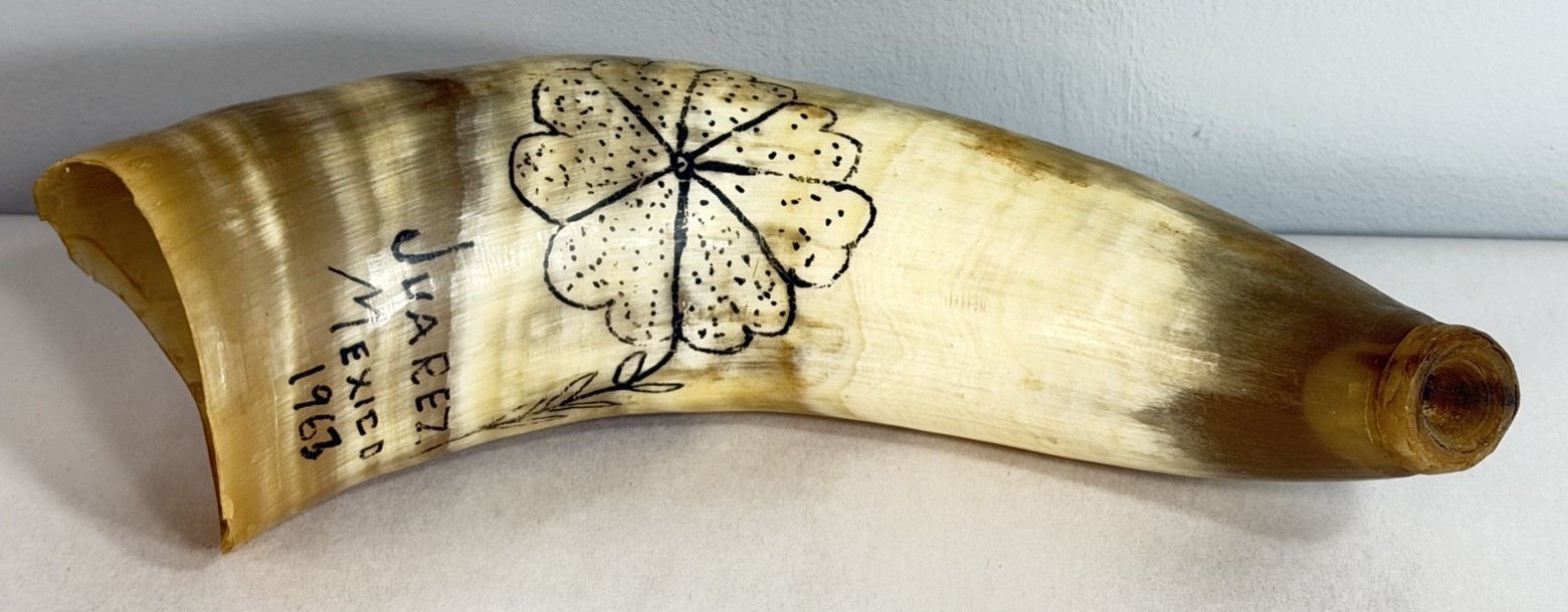 Vintage Cow Horn Souvenir Juarez Mexico 1963 Hand Decorated Folk Art 11 1/2 Vintage Cow Horn Souvenir Juarez Mexico 1963 Hand Decorated Folk Art 11 1/2