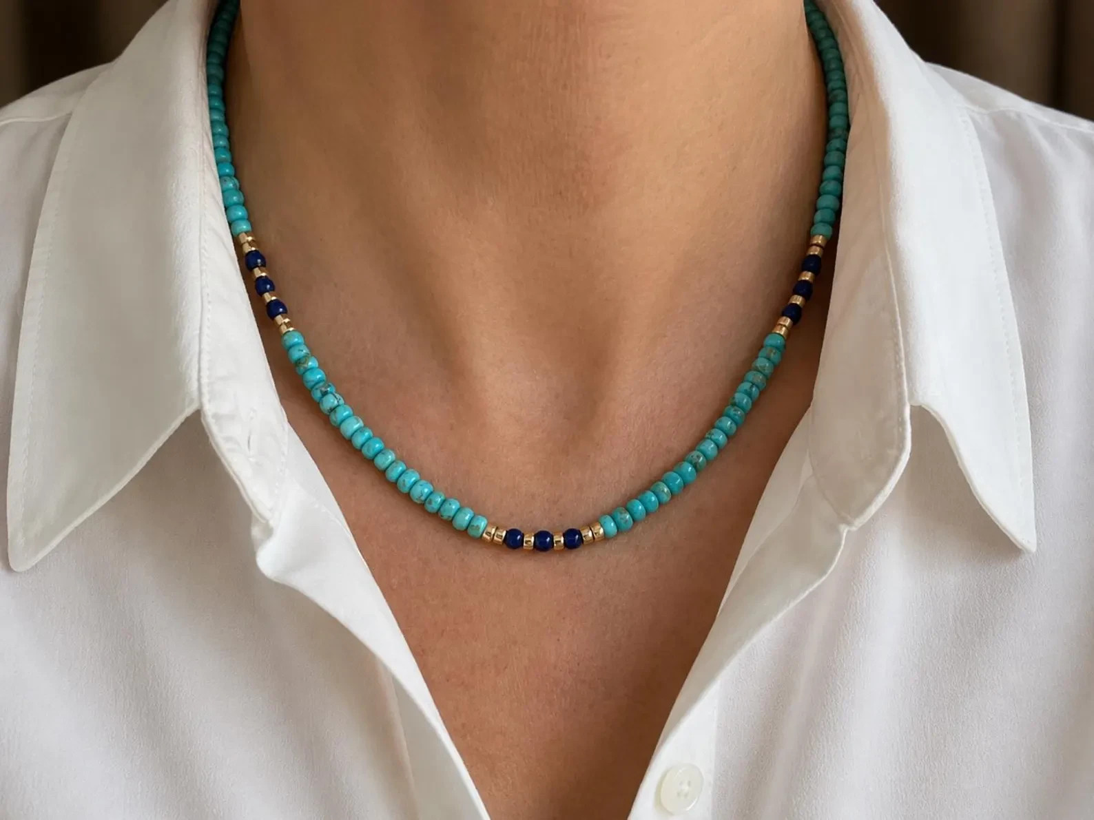 4mm Kingman Turquoise & Lapis Beaded Necklace, Gold or Silver, Gemstone Choker