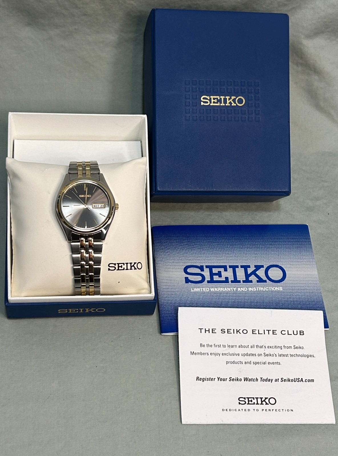 Vintage Seiko 7N43-9048 Quartz Day-Date Two-Tone Gray Sunburst Dial Box Papers Vintage Seiko 7N43-9048 Quartz Day-Date Two-Tone Gray Sunburst Dial Box Papers