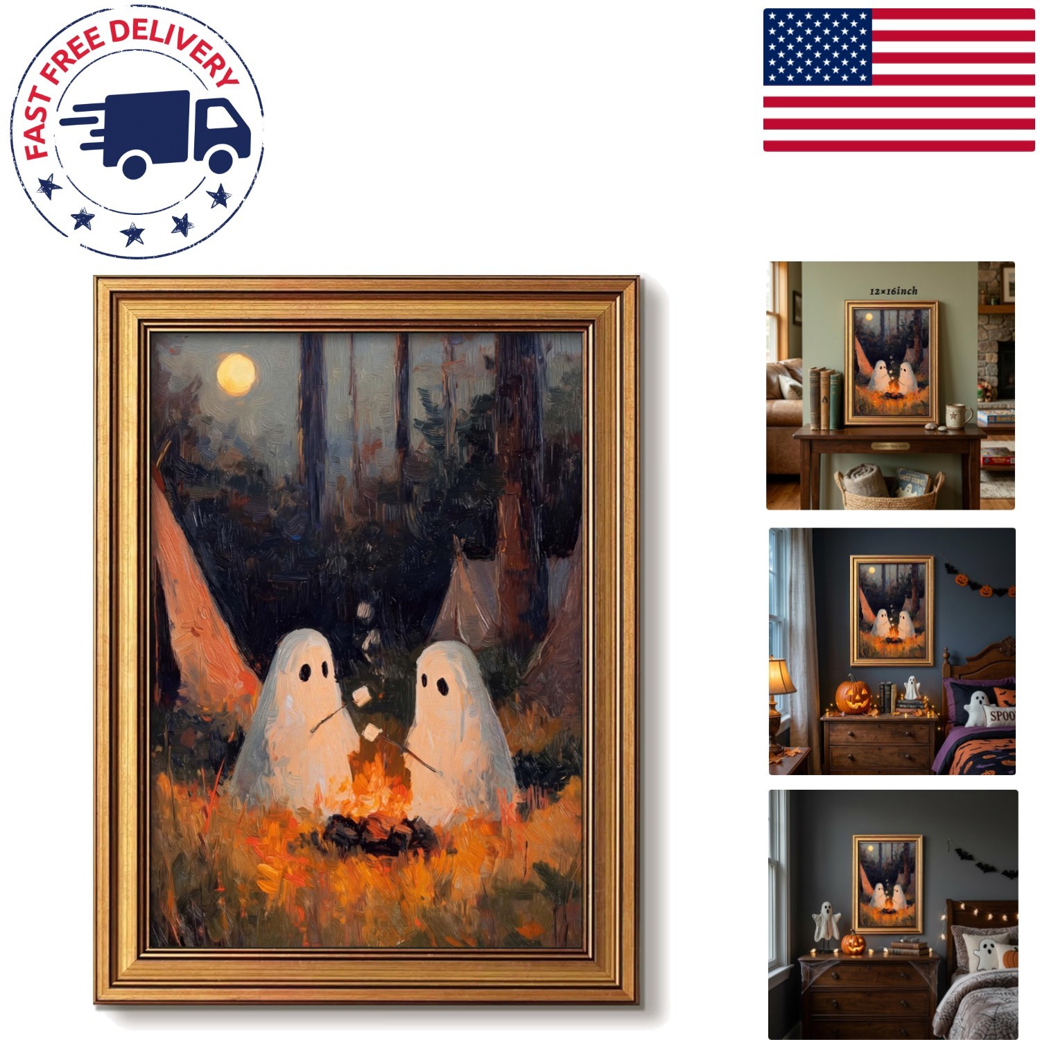 Charming Vintage Gold Framed Halloween Wall Art - Cute Ghost Decor 16x12