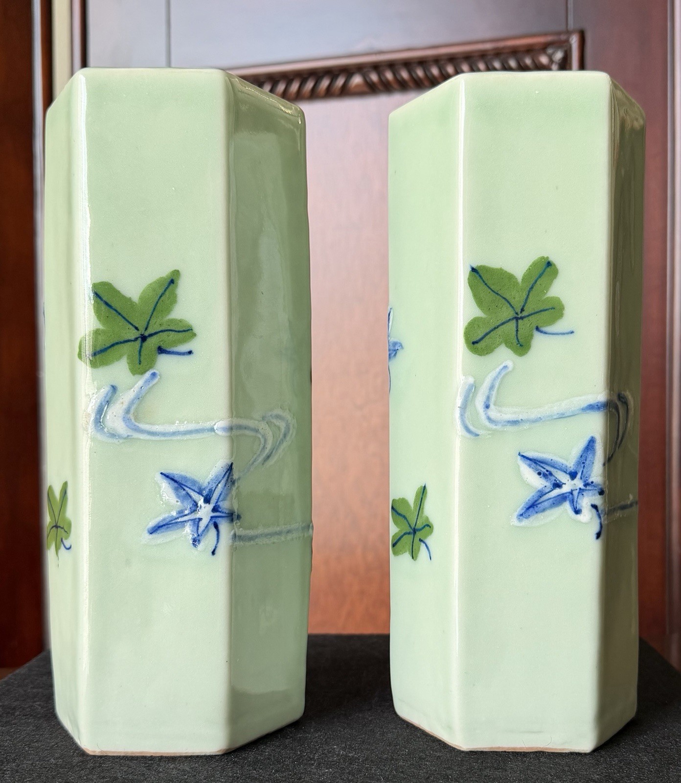 Pair Vintage Mid Century Celadon Green Ceramic Vases Hand Painted Floral 8 3/4” 